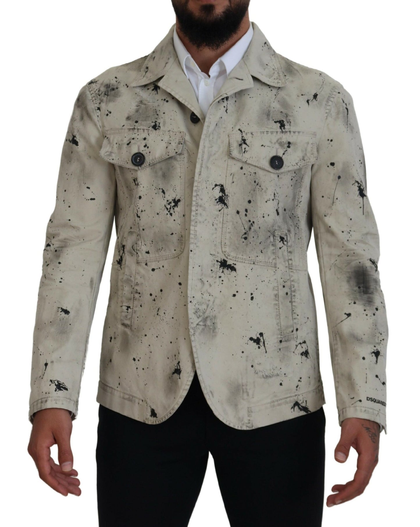 - Off White Black Splash Print Casual Denim Jacket