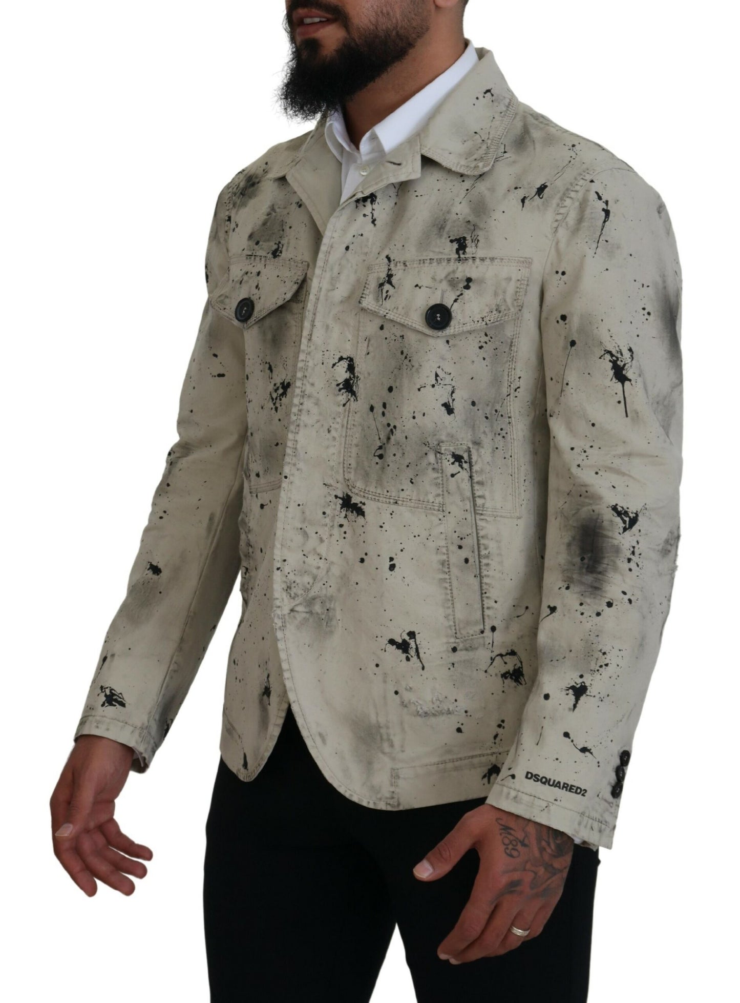 - Off White Black Splash Print Casual Denim Jacket