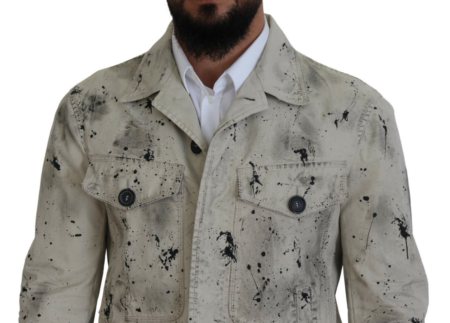 - Off White Black Splash Print Casual Denim Jacket