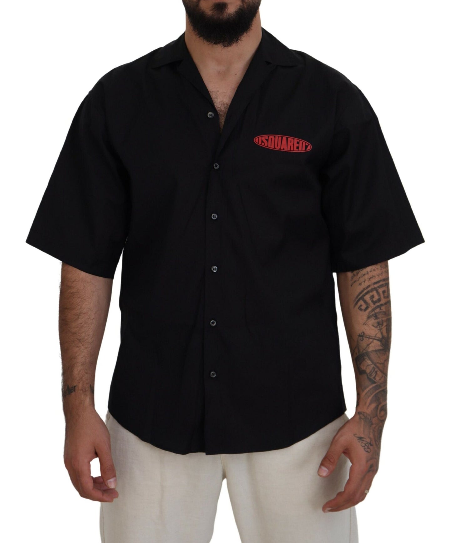- Black Cotton Collared Logo Print Short Sleeve Shirt