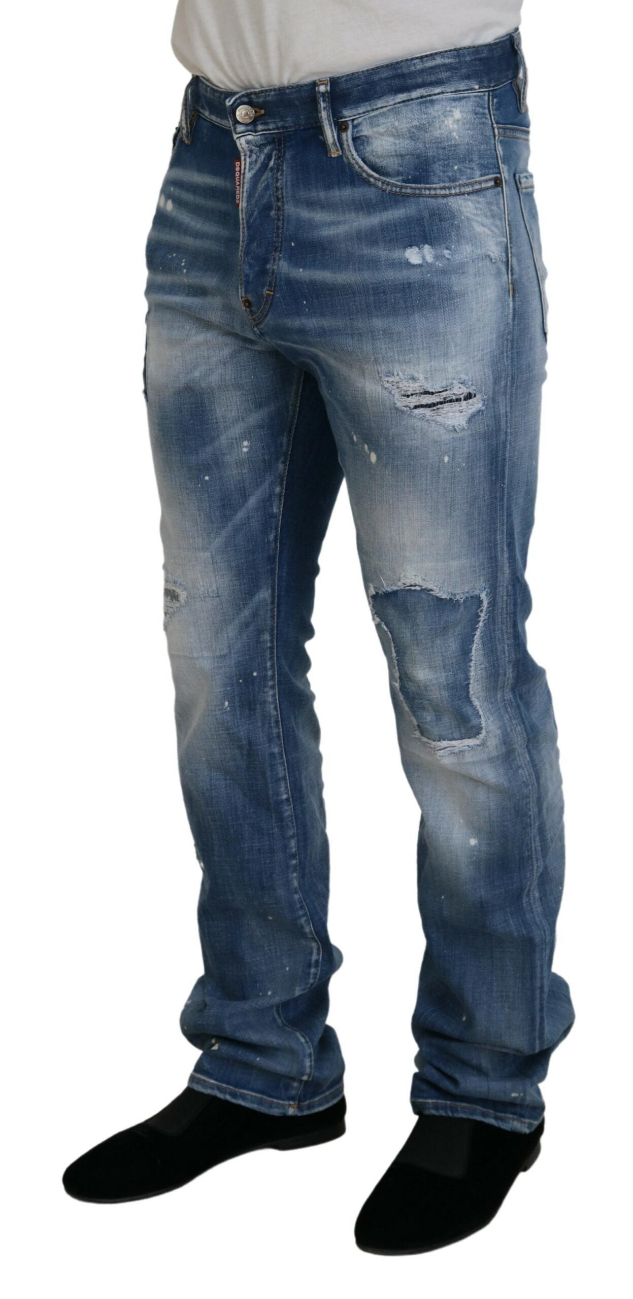 - Blue Washed Tattered Straight Fit Casual Denim Jeans
