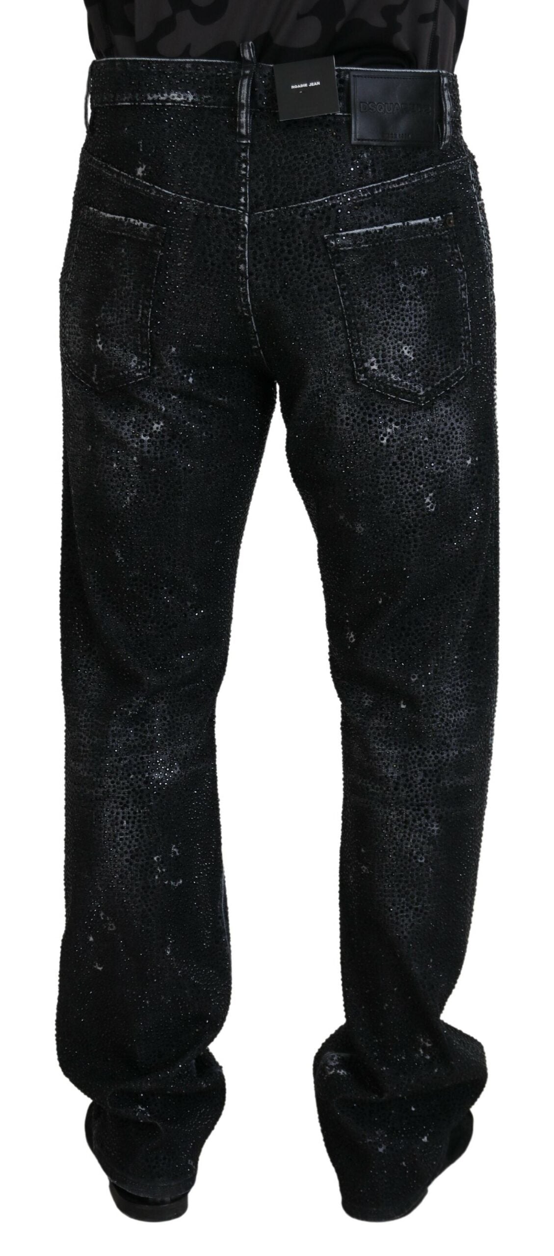 Black Crystal Embellished Tattered Denim Jeans by Dsquared2