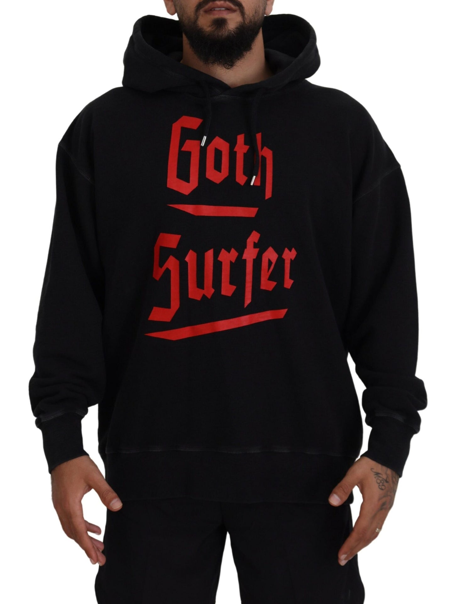 - Black Cotton Hooded Printed Men Pullover Sweater