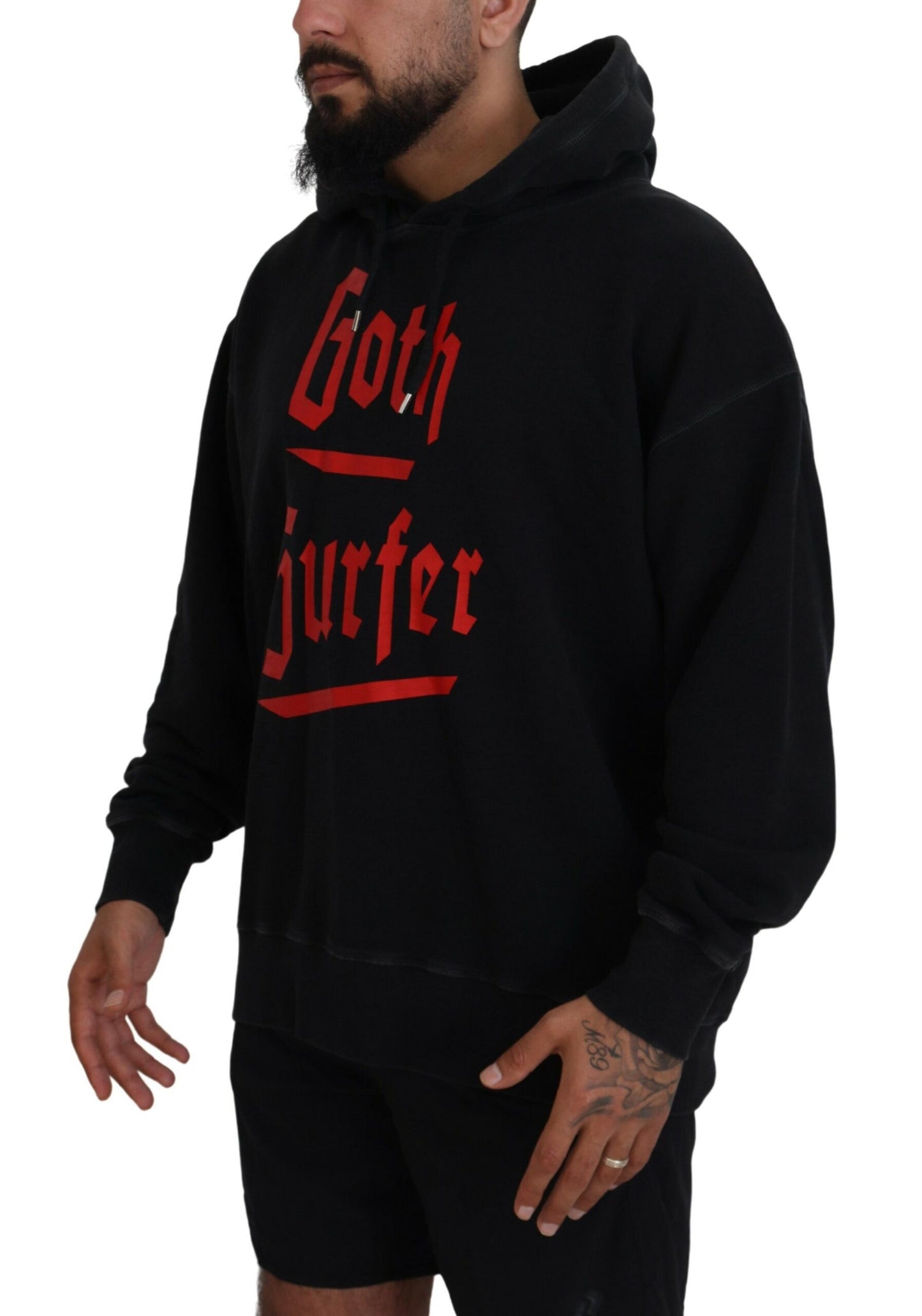 - Black Cotton Hooded Printed Men Pullover Sweater