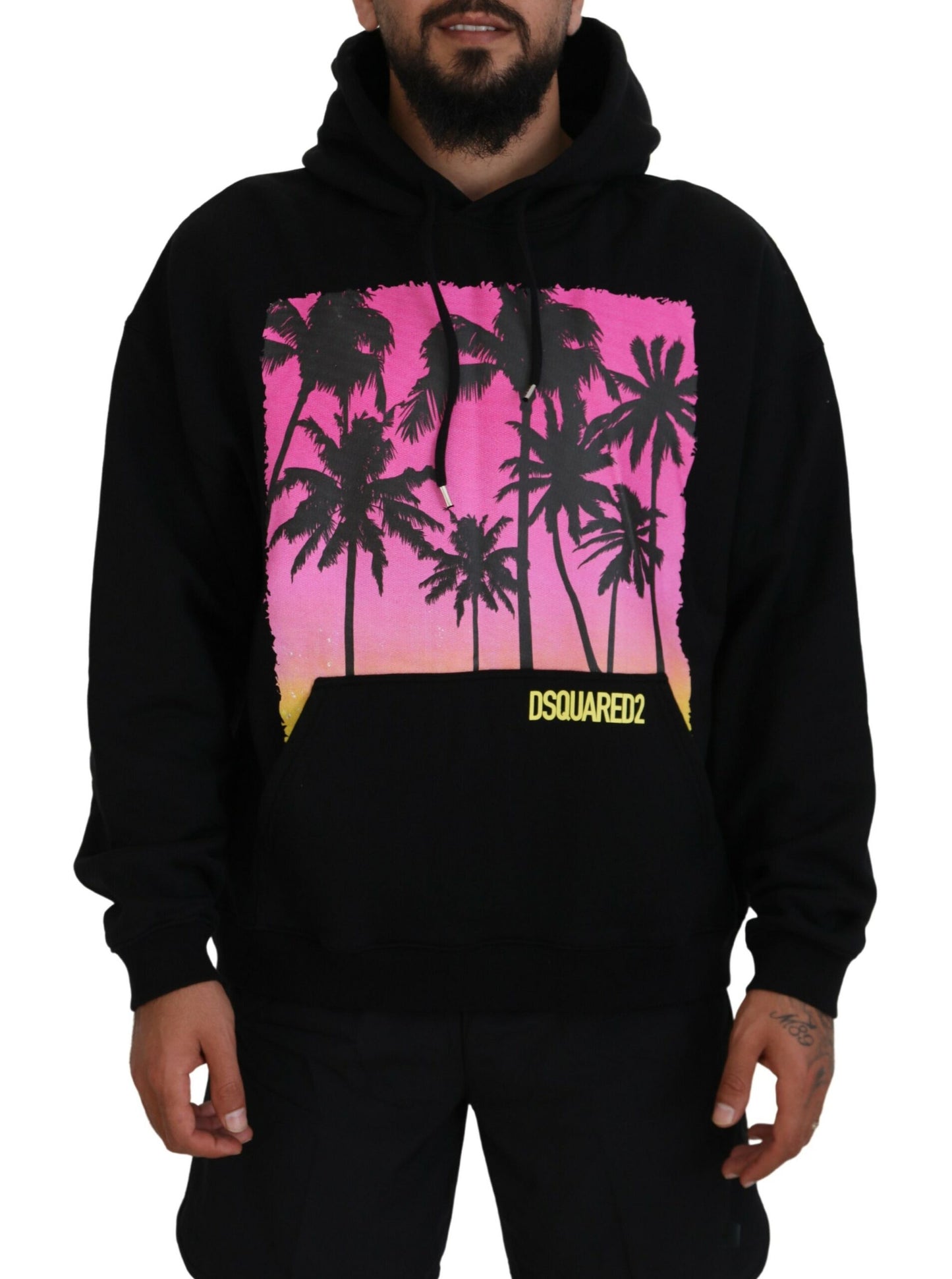 - Black Cotton Hooded Printed Men Pullover Sweater