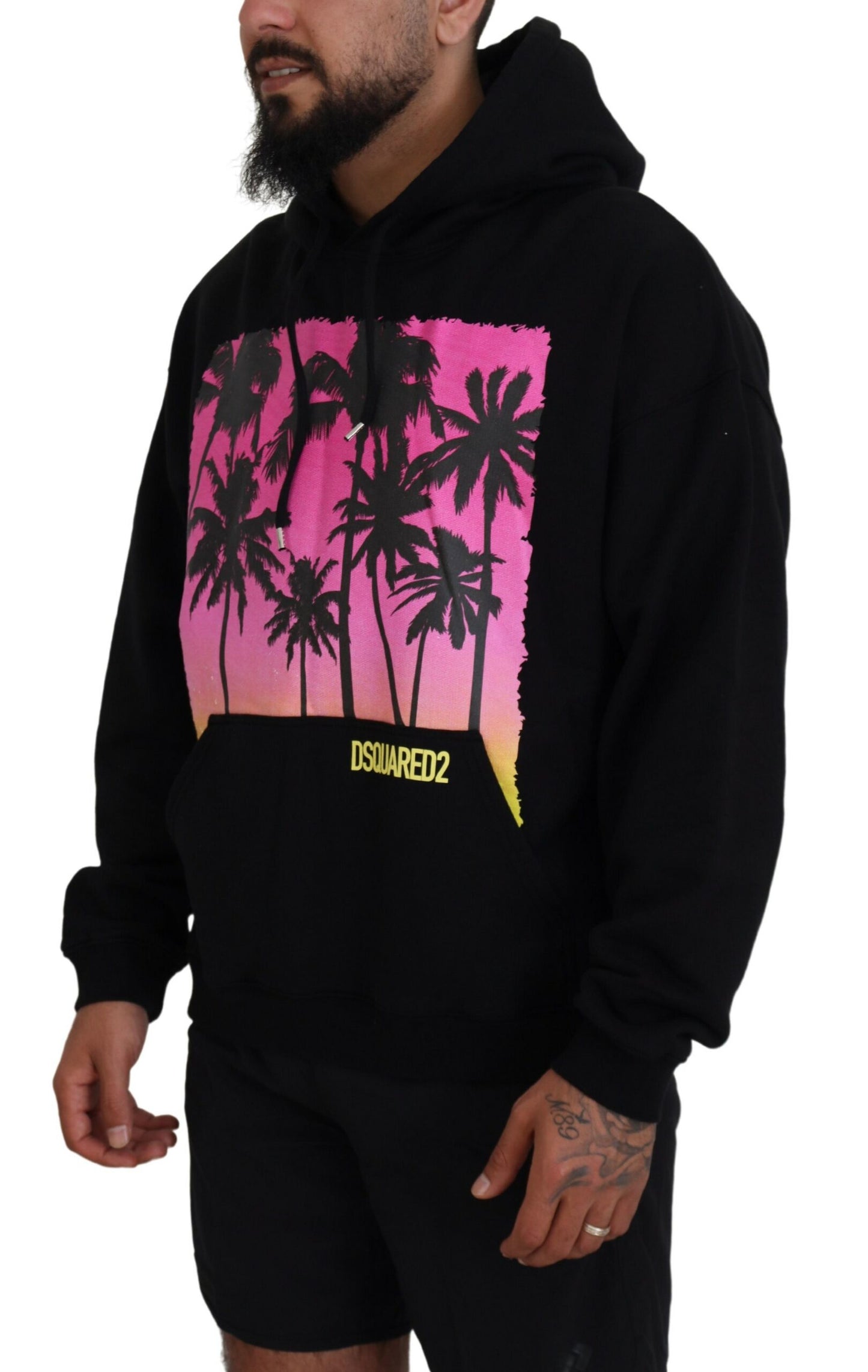 - Black Cotton Hooded Printed Men Pullover Sweater