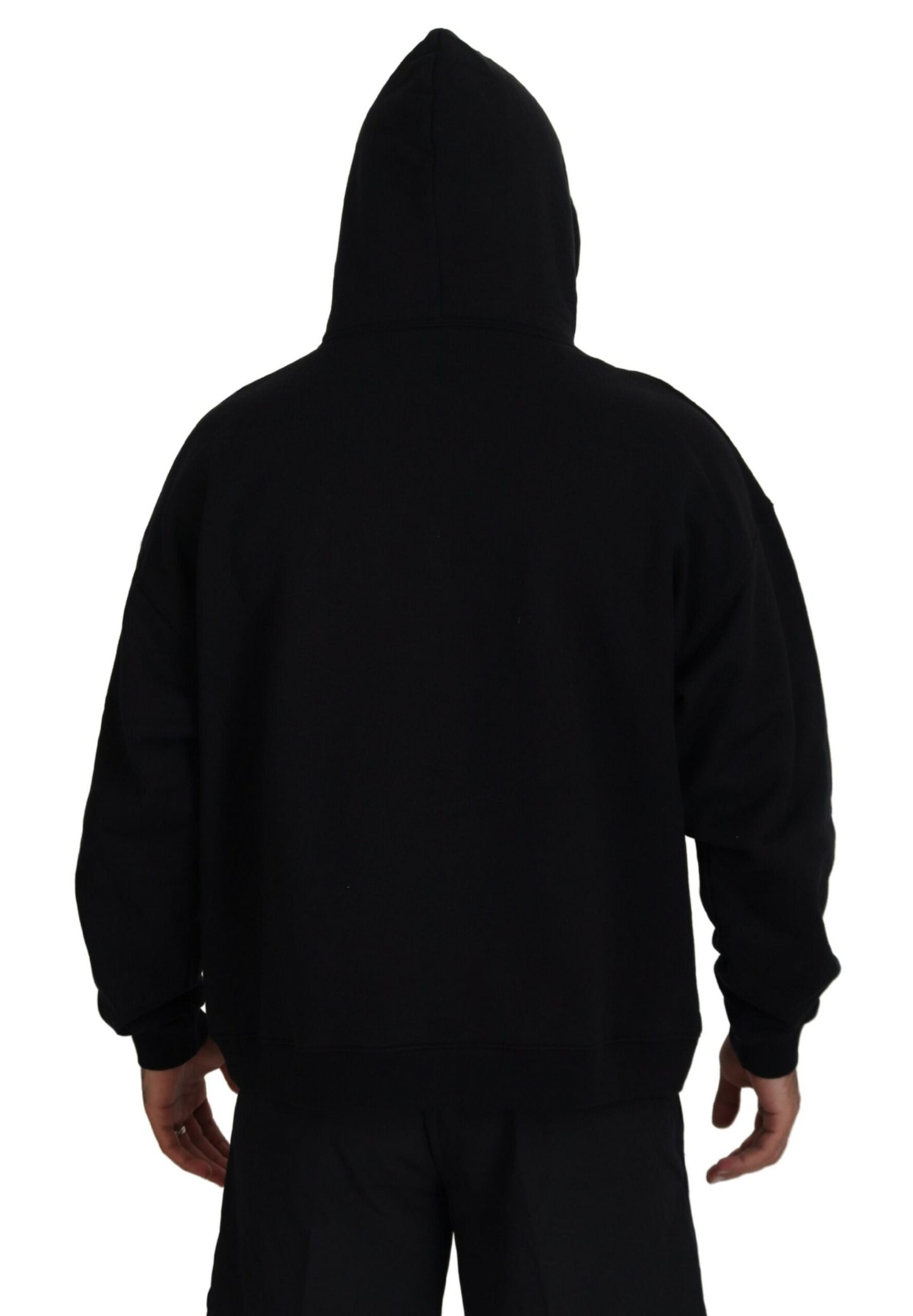 - Black Cotton Hooded Printed Men Pullover Sweater