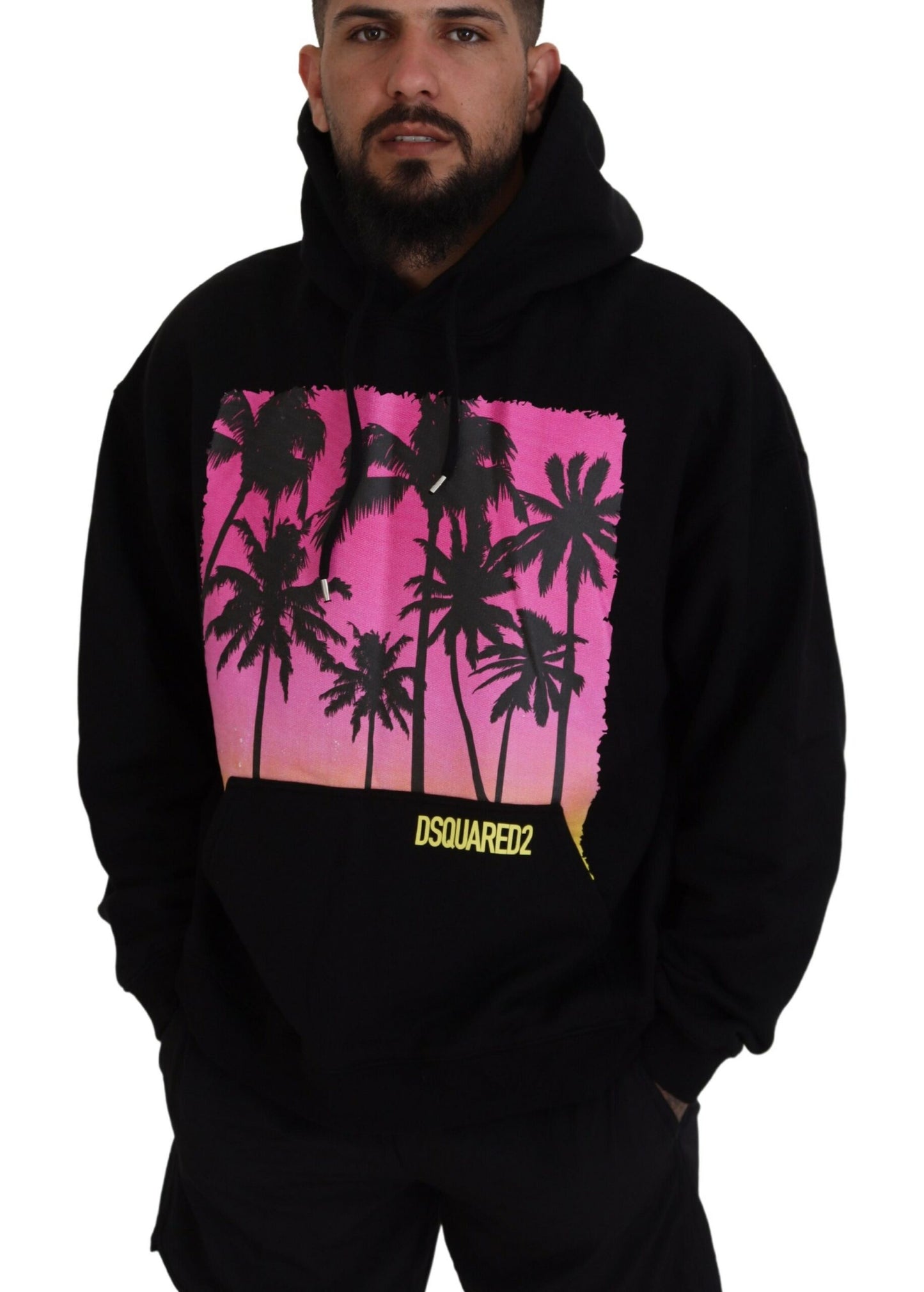 - Black Cotton Hooded Printed Men Pullover Sweater