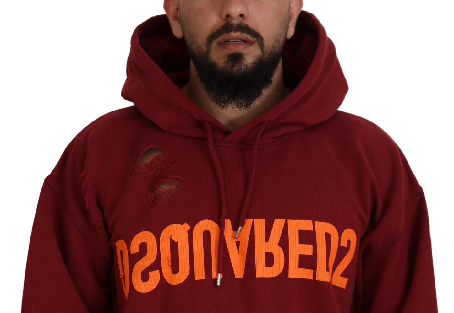- Maroon Cotton Tattered Hooded Printed Pullover Sweater