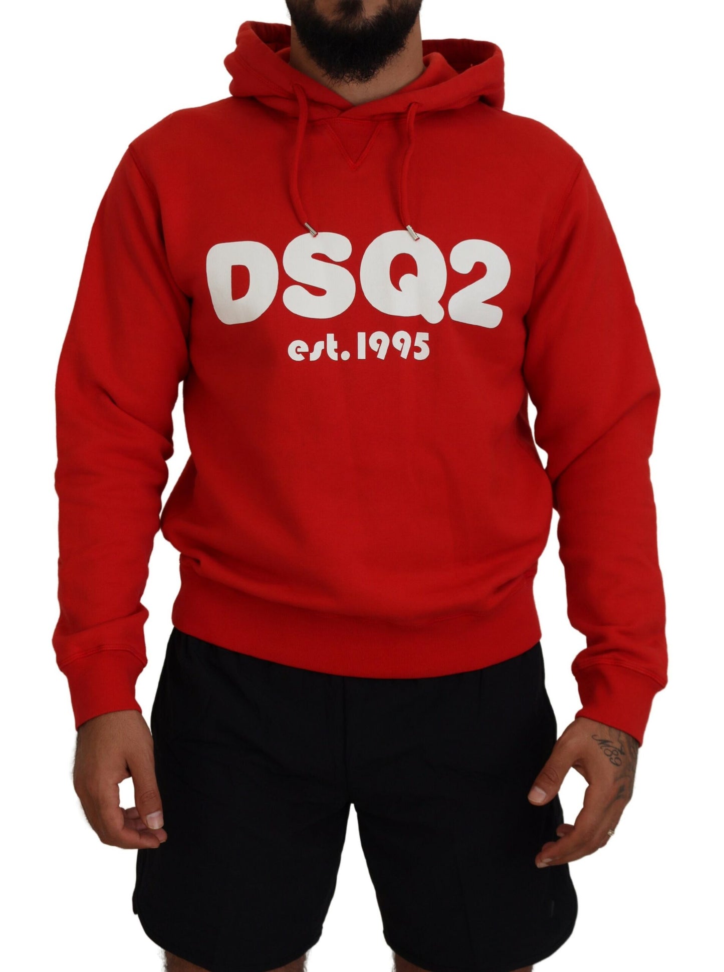 - Red Cotton Hooded Printed Men Pullover Sweater