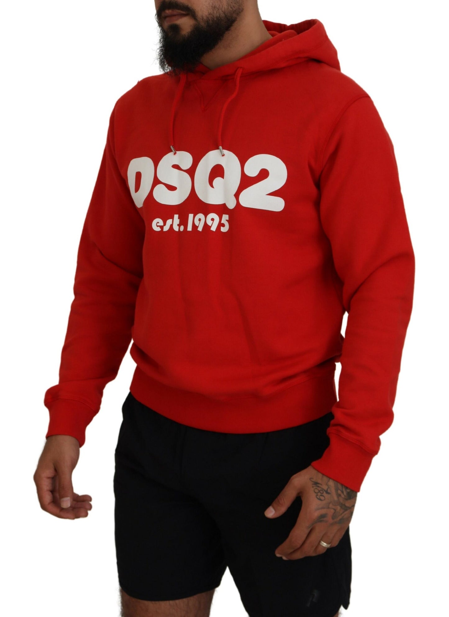 - Red Cotton Hooded Printed Men Pullover Sweater