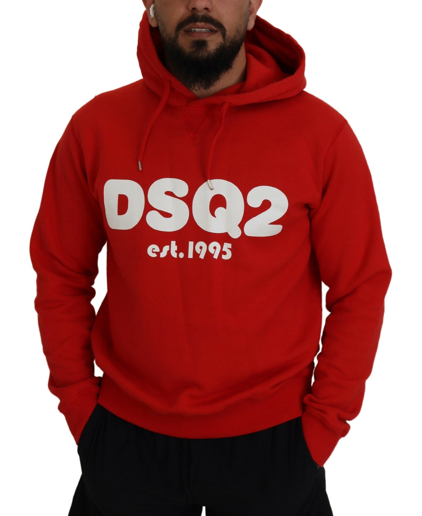 - Red Cotton Hooded Printed Men Pullover Sweater