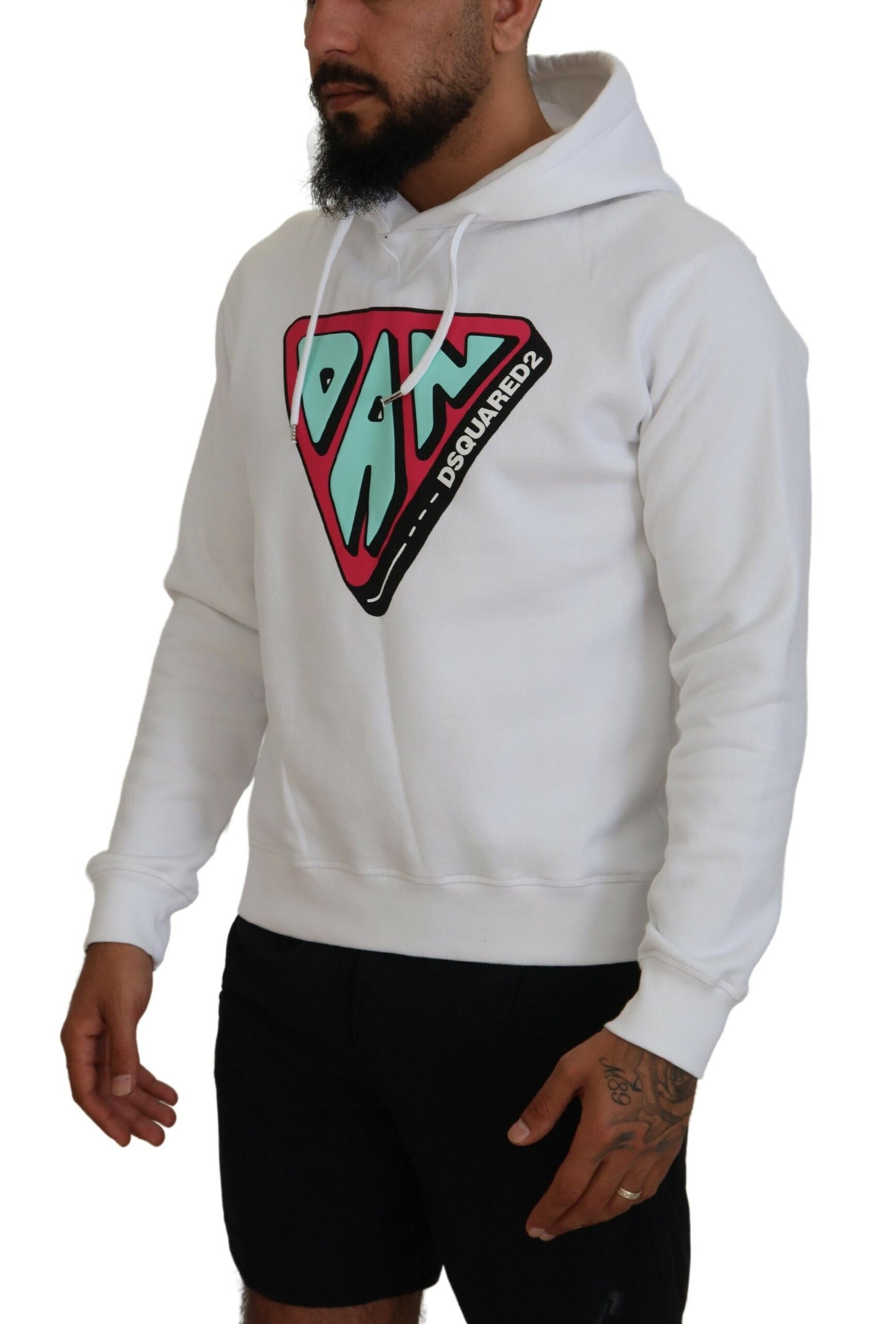 - White Cotton Hooded Printed Pullover Sweater