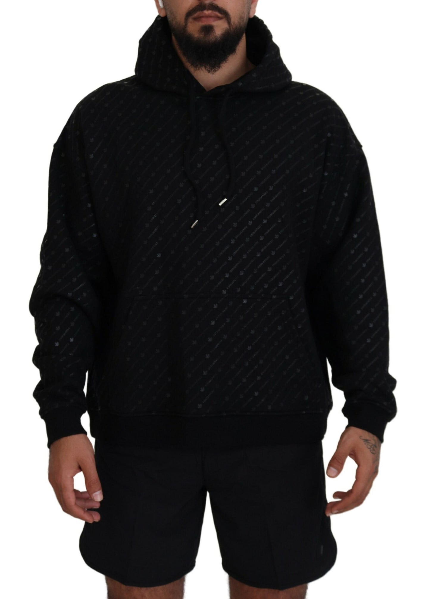 - Black Cotton Hooded Printed Men Pullover Sweater