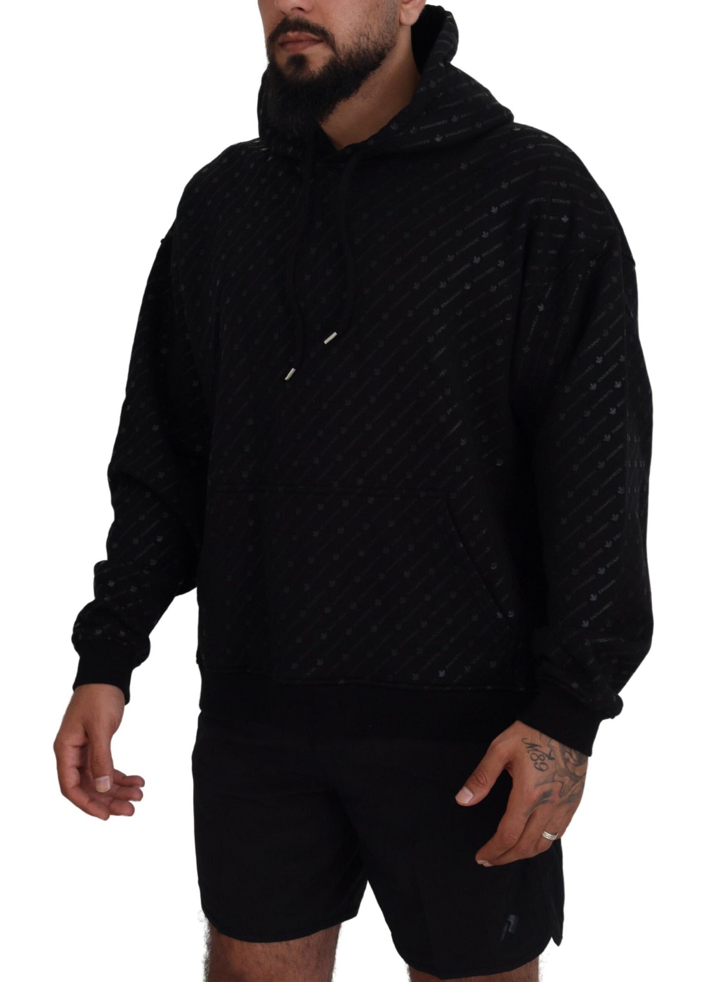 - Black Cotton Hooded Printed Men Pullover Sweater