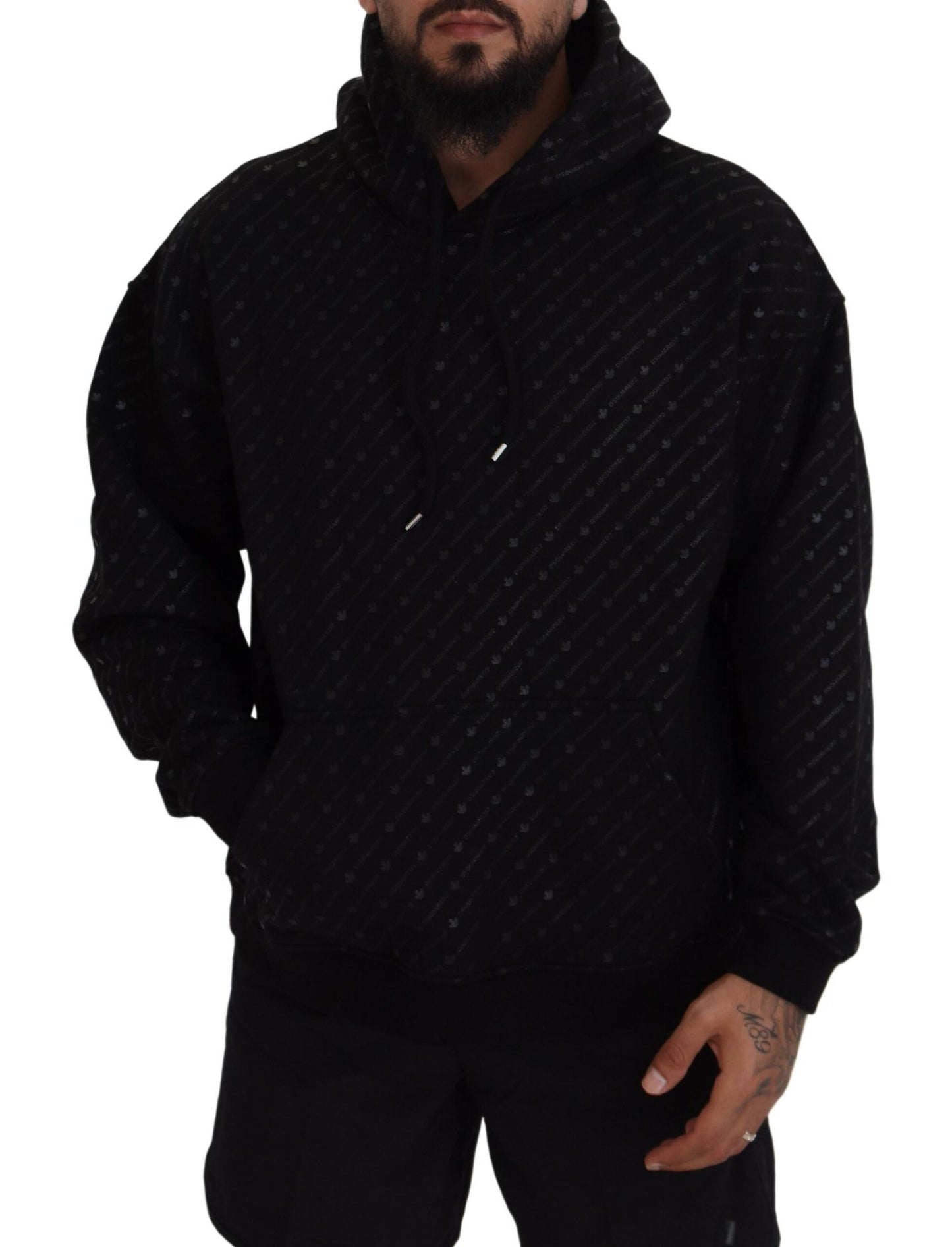 - Black Cotton Hooded Printed Men Pullover Sweater