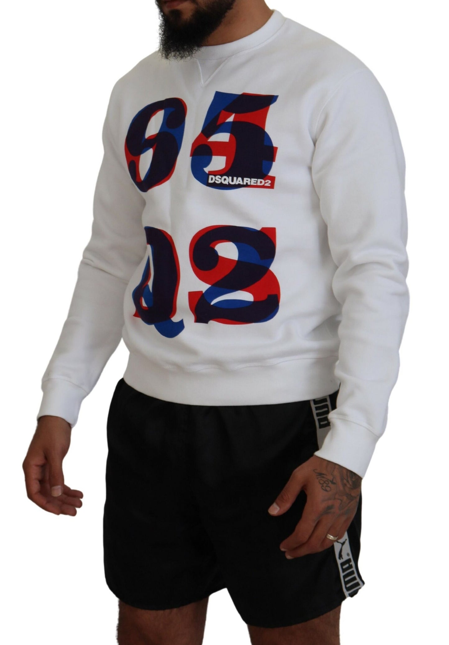 - White Printed Long Sleeves Pullover Sweater