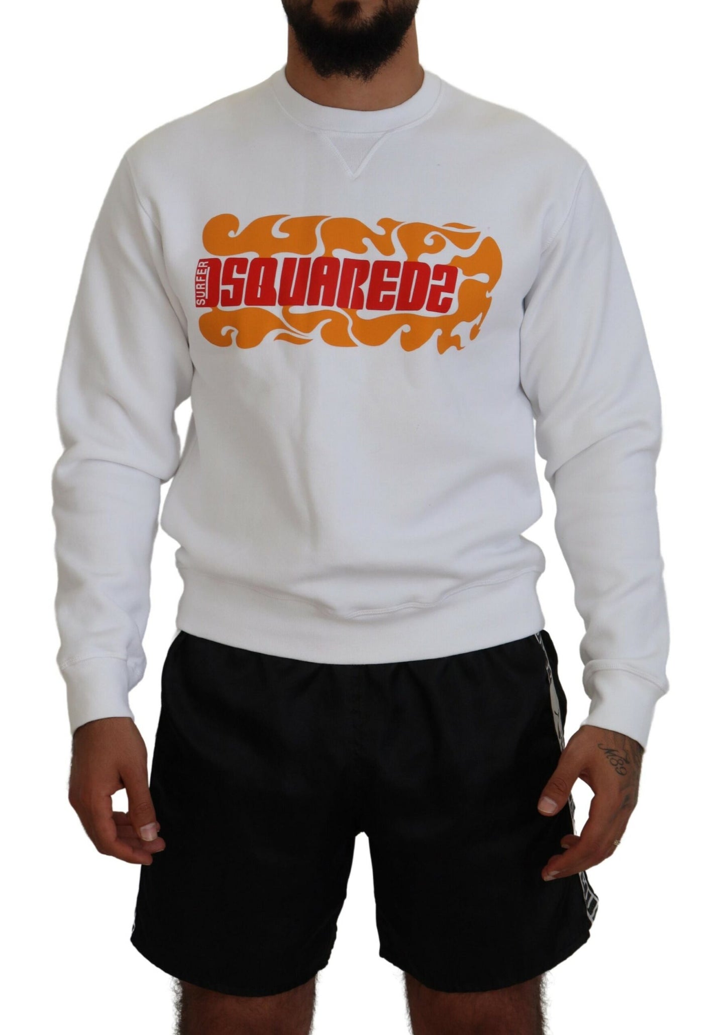 - White Cotton Printed Long Sleeves Pullover Sweater