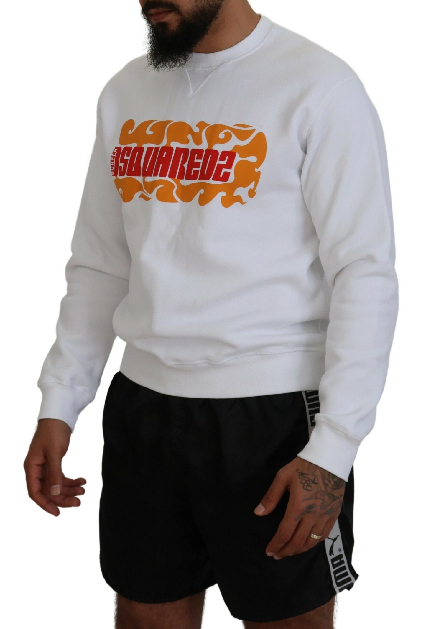 - White Cotton Printed Long Sleeves Pullover Sweater