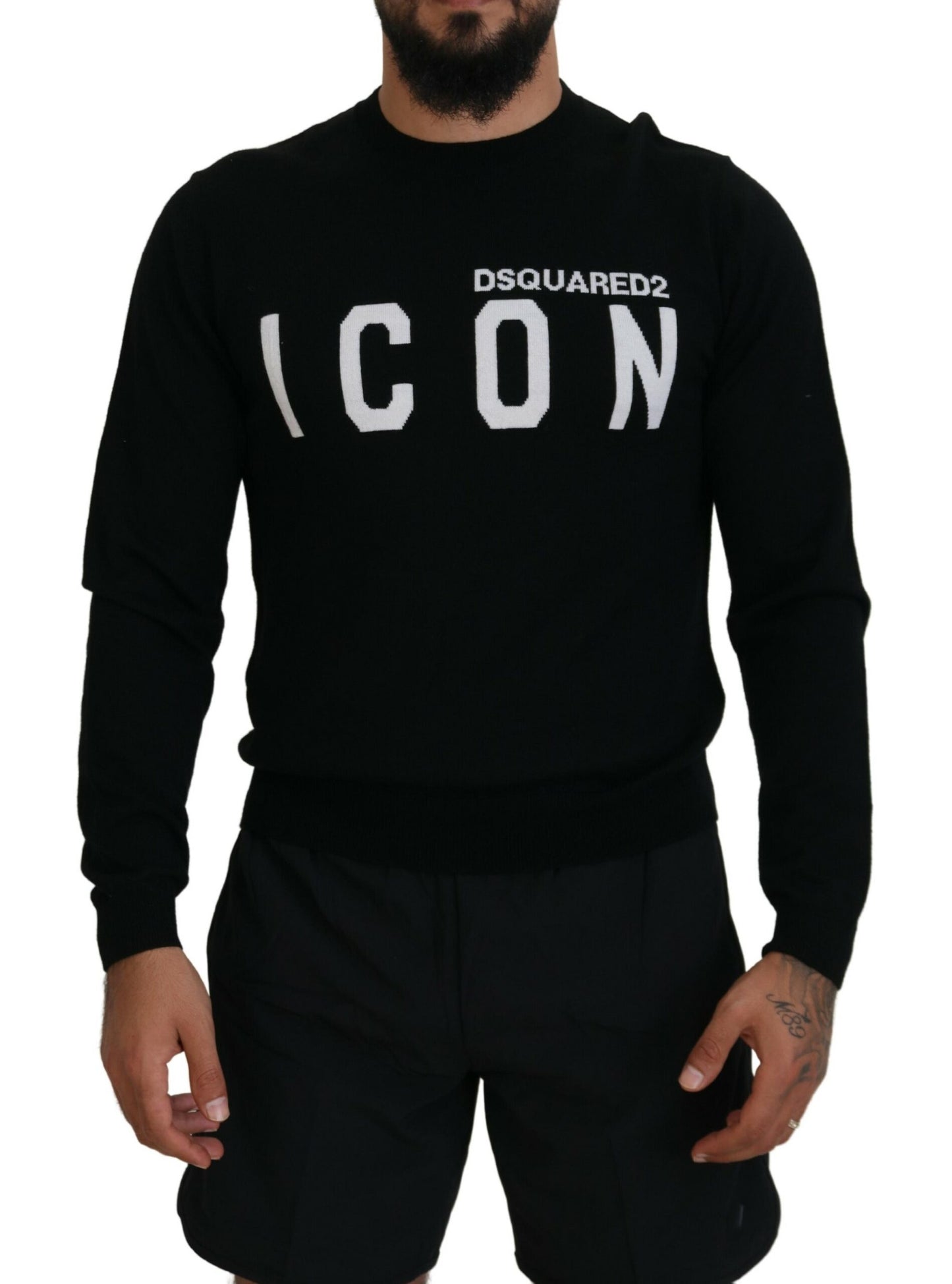 - Black Logo Print Long Sleeves Men Pullover Sweater