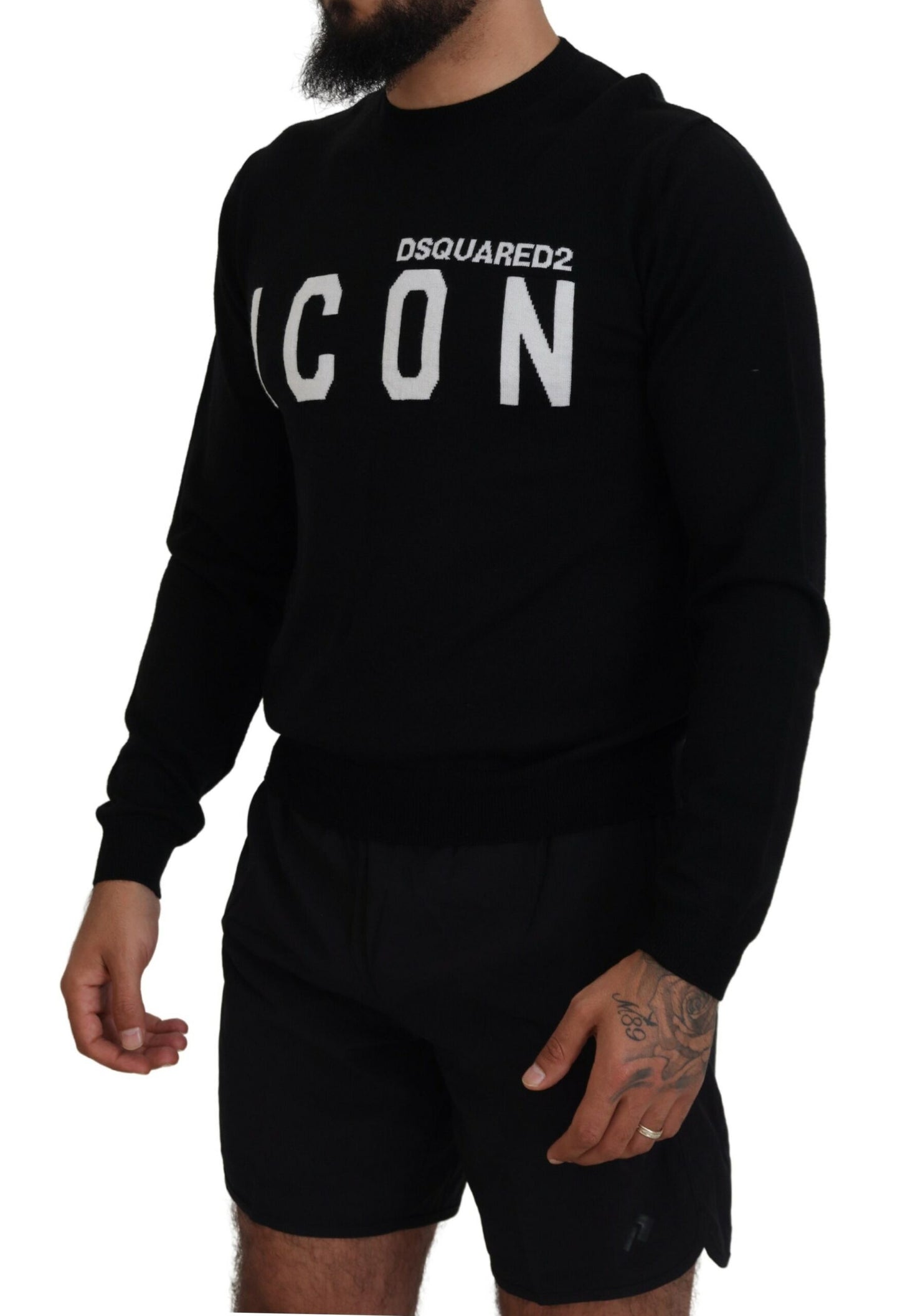 - Black Logo Print Long Sleeves Men Pullover Sweater
