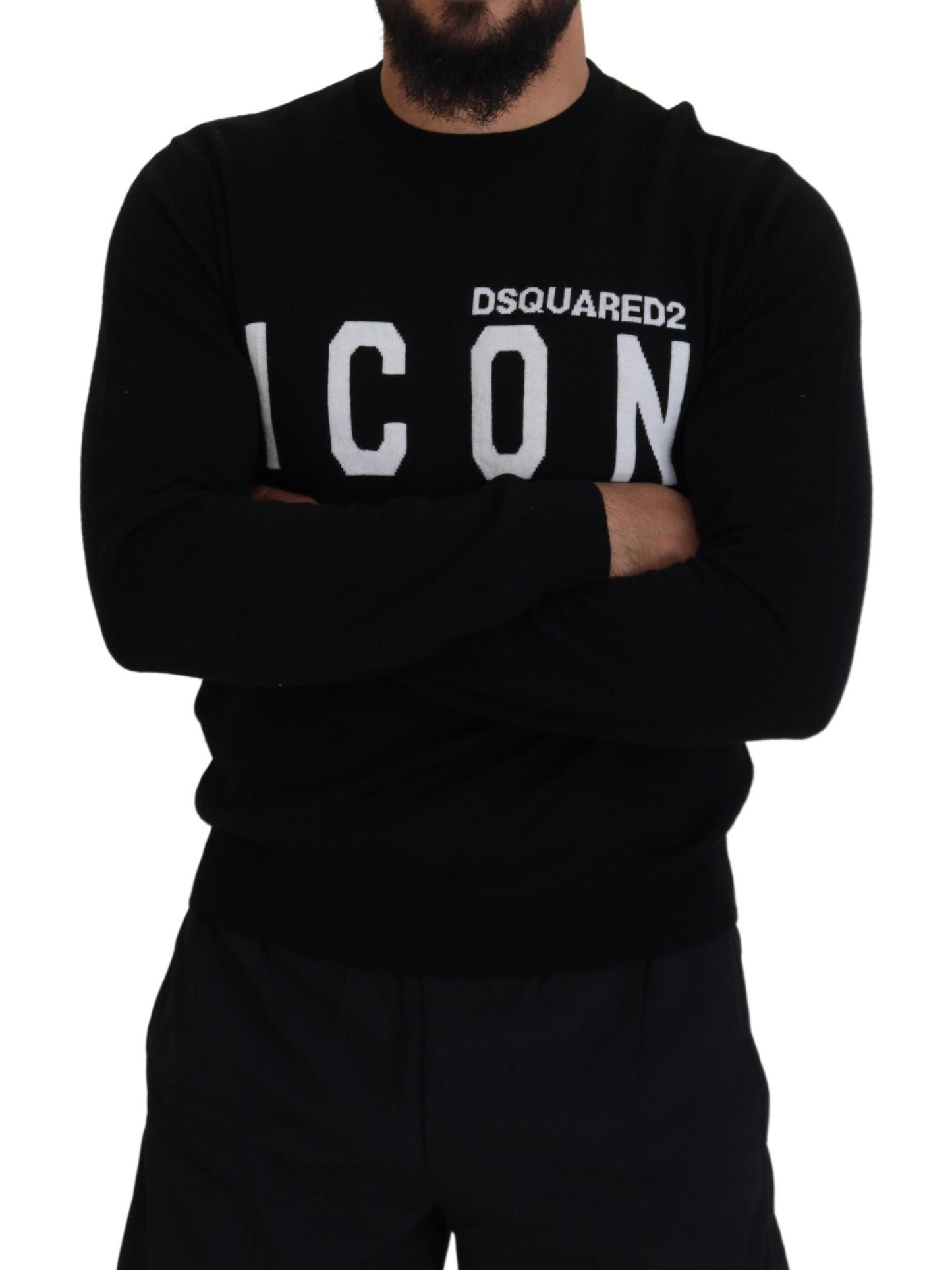 - Black Logo Print Long Sleeves Men Pullover Sweater