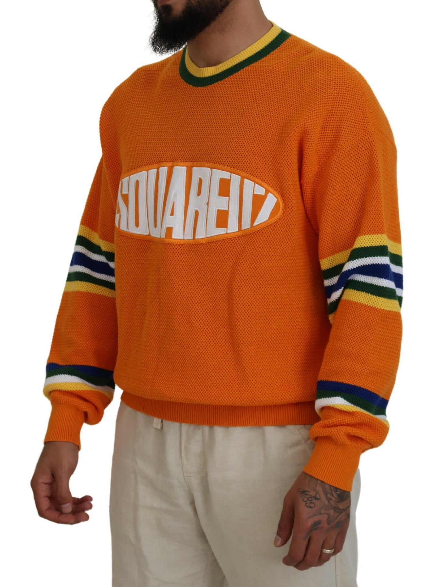 - Orange Printed Long Sleeves Men Pullover Sweater