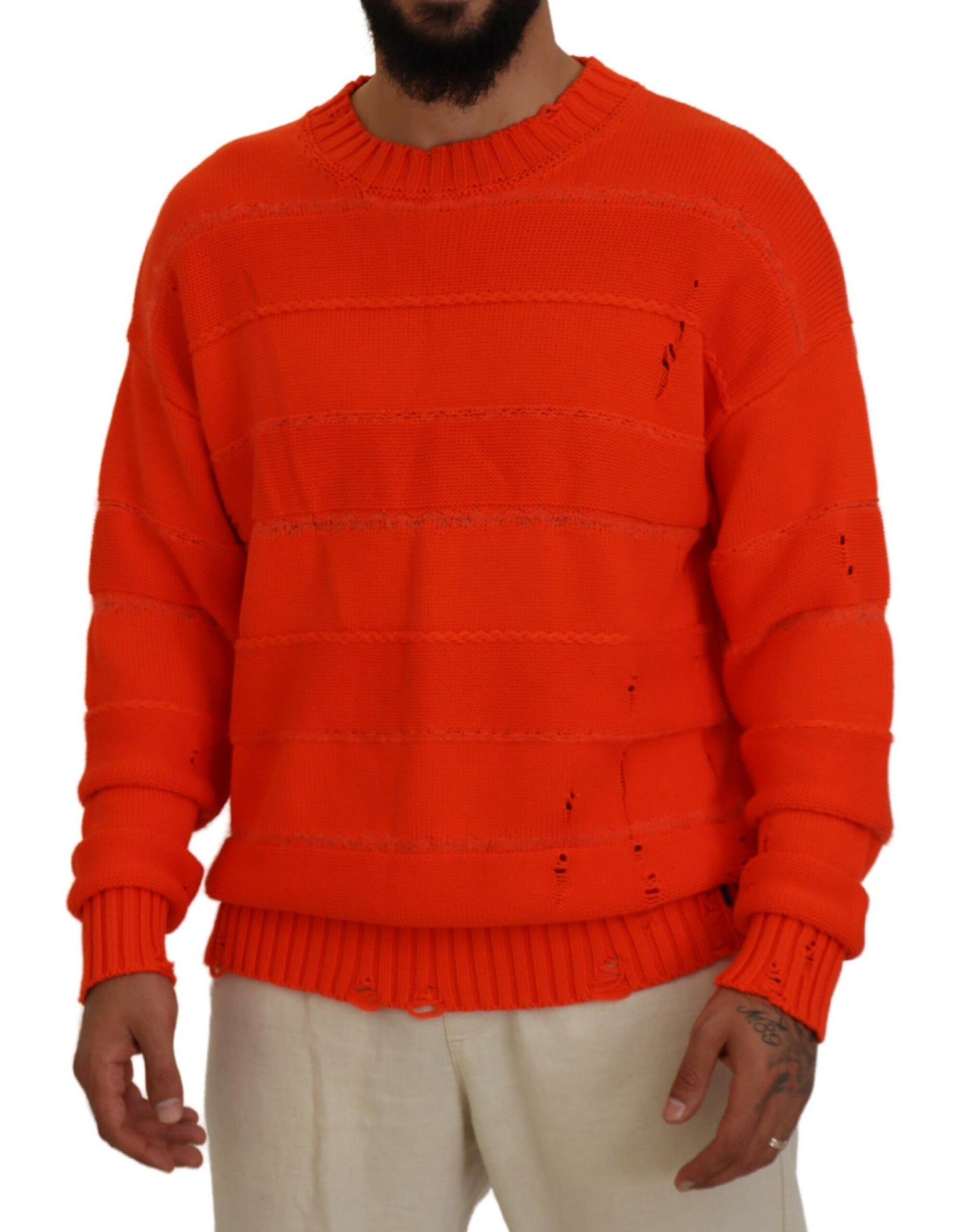 - Orange Cotton Long Sleeves Men Pullover Sweater