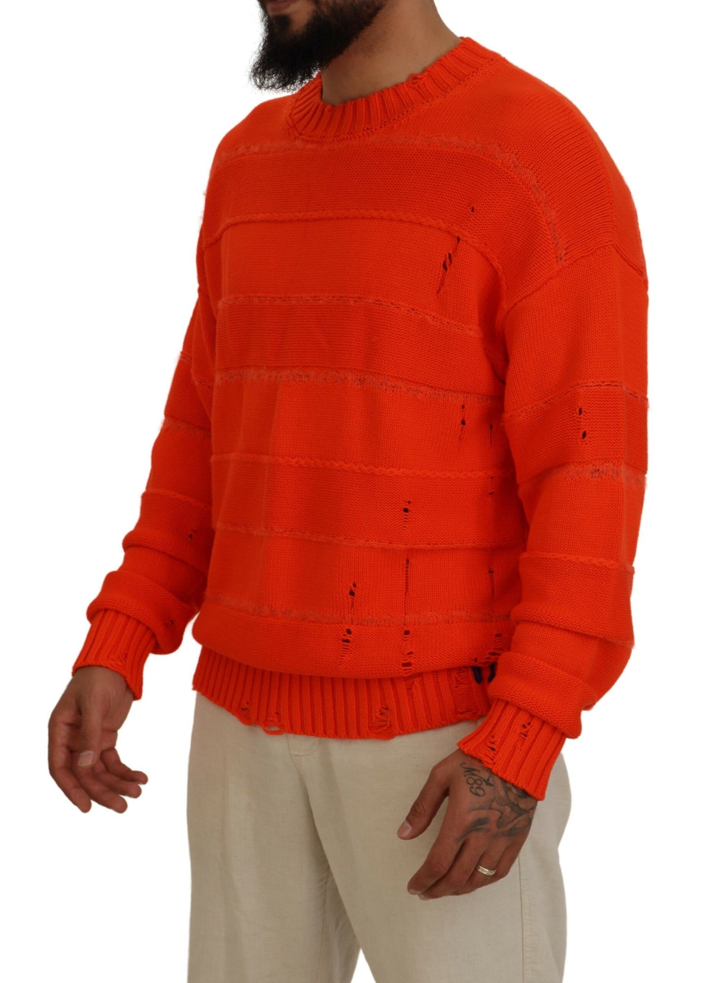 - Orange Cotton Long Sleeves Men Pullover Sweater