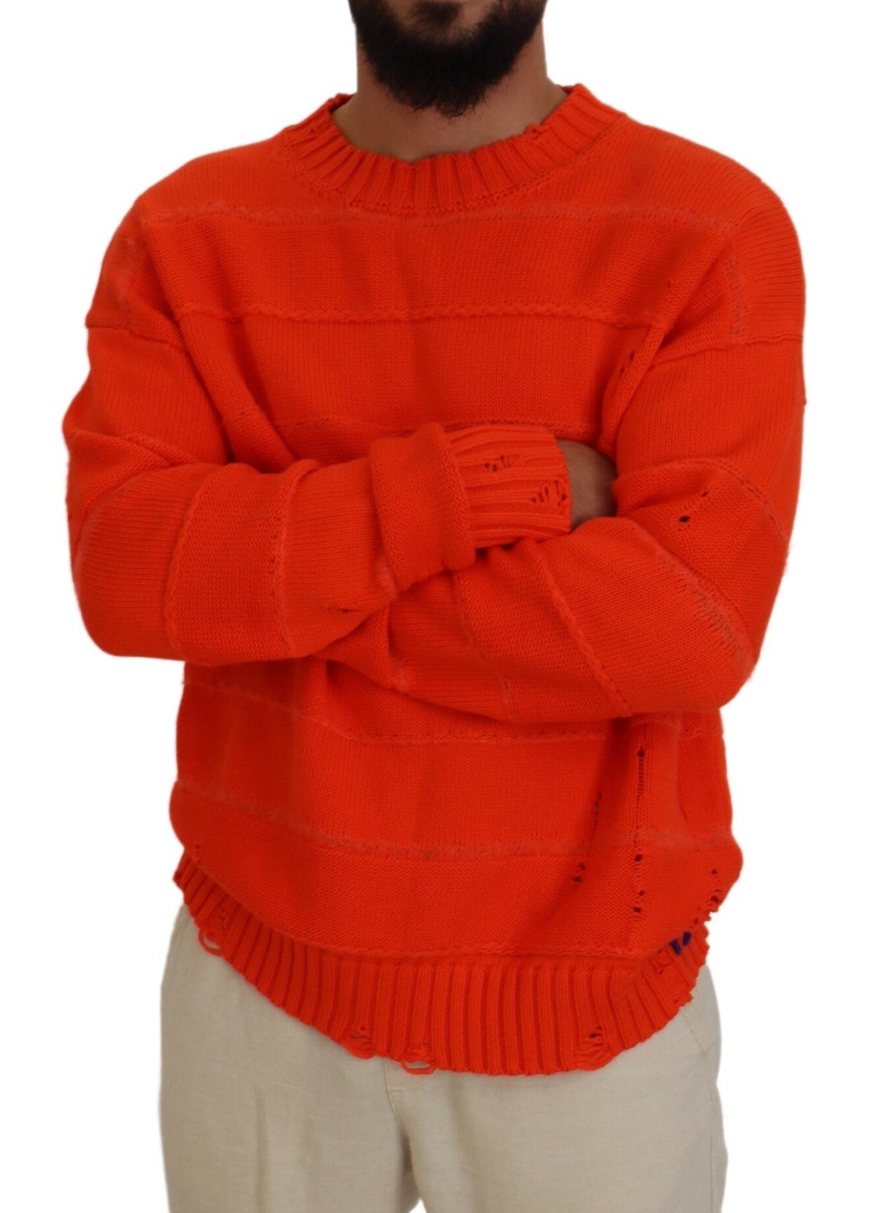- Orange Cotton Long Sleeves Men Pullover Sweater