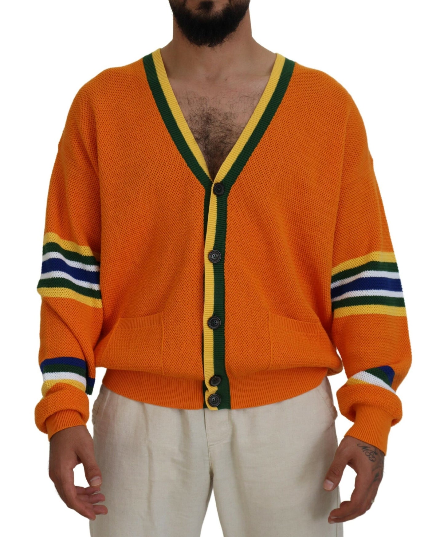 - Orange Cotton Long Sleeves Men Cardigan Sweater