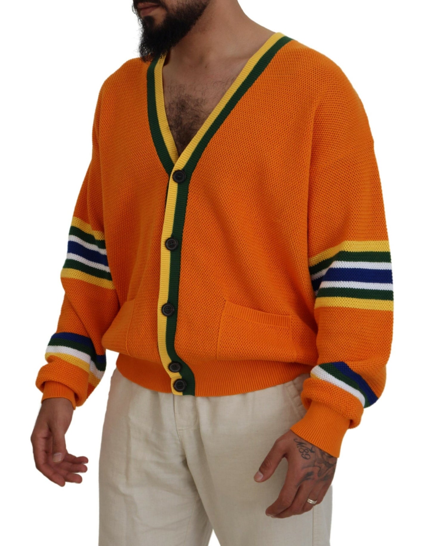 - Orange Cotton Long Sleeves Men Cardigan Sweater