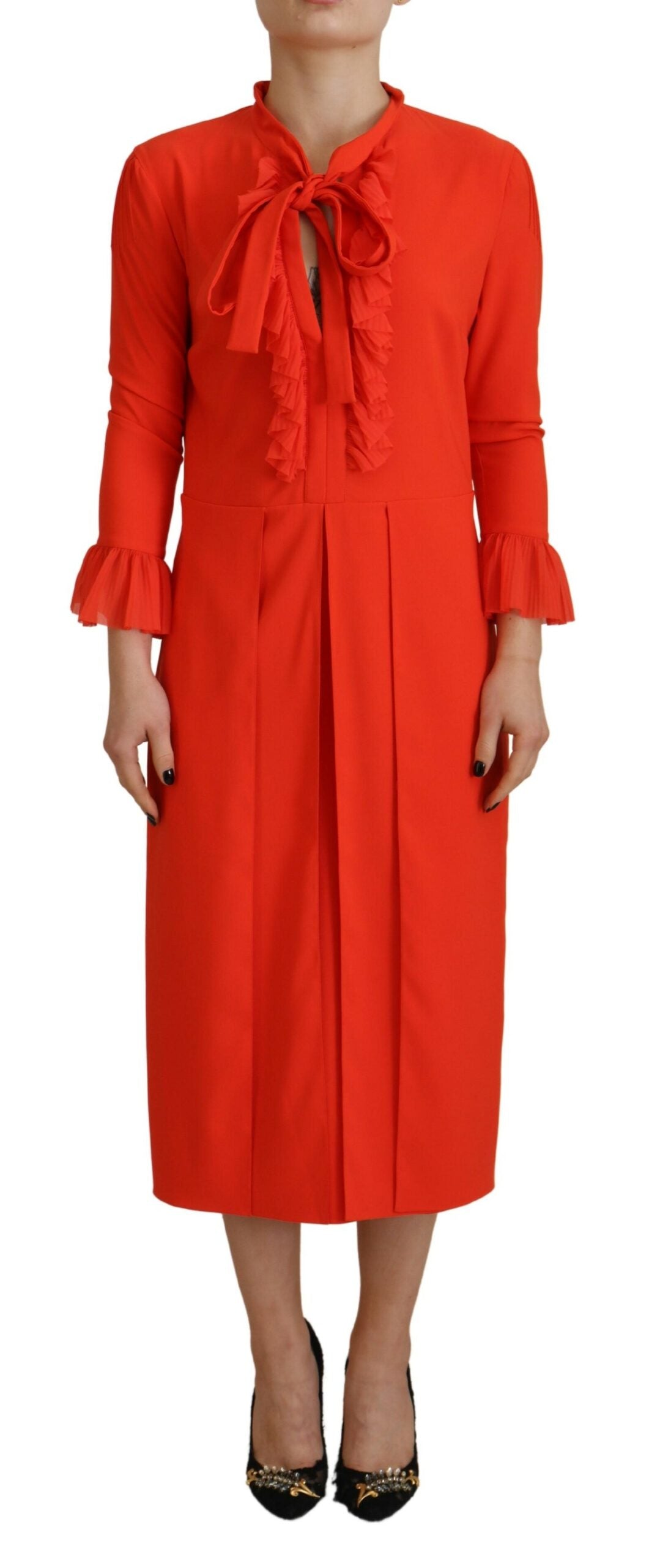 - Red Polyester Long Sleeves Pleated Midi Dress