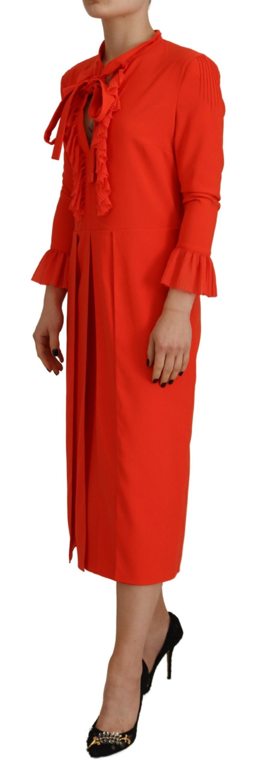 - Red Polyester Long Sleeves Pleated Midi Dress