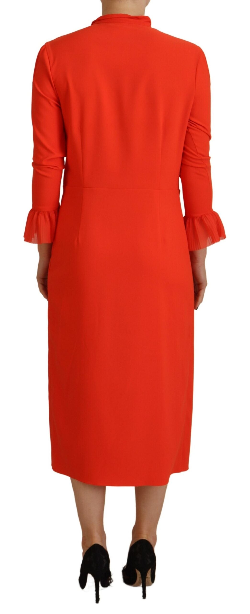 - Red Polyester Long Sleeves Pleated Midi Dress