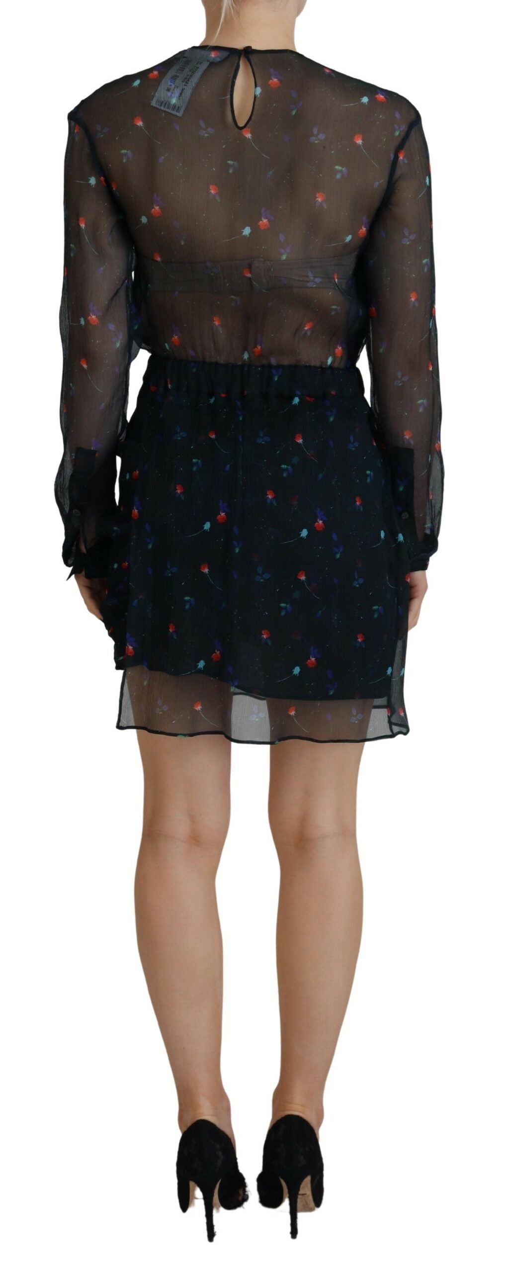 - Black Floral Silk Long Sleeves Sheath Mini Dress