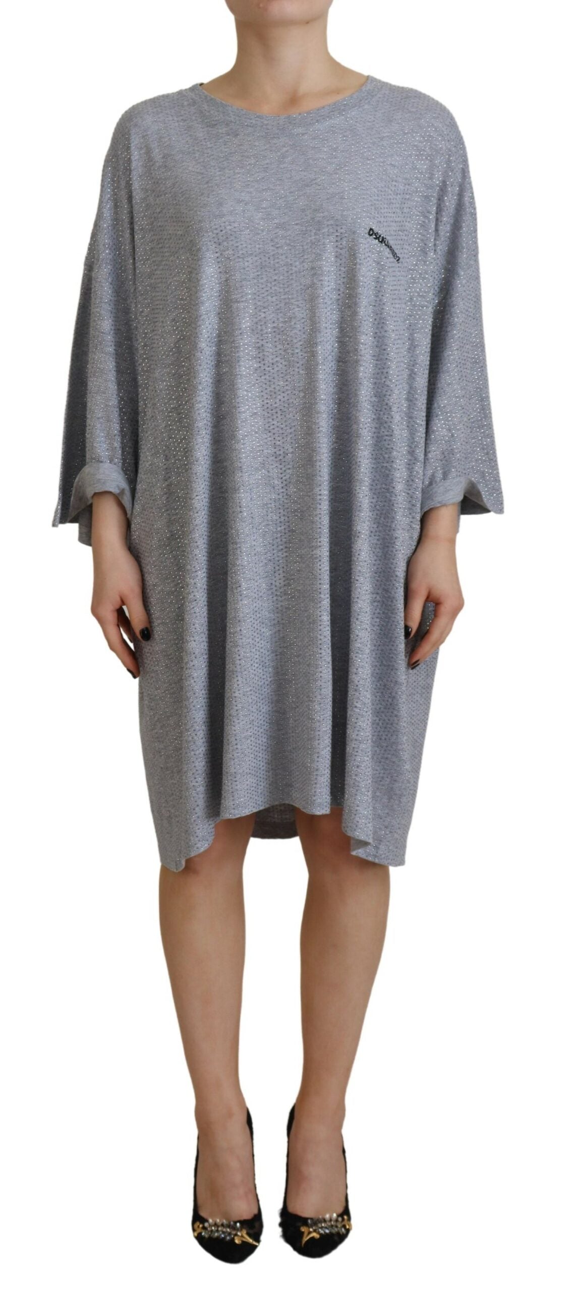 - Gray Crystal Embellished Cotton Long Sleeves Dress