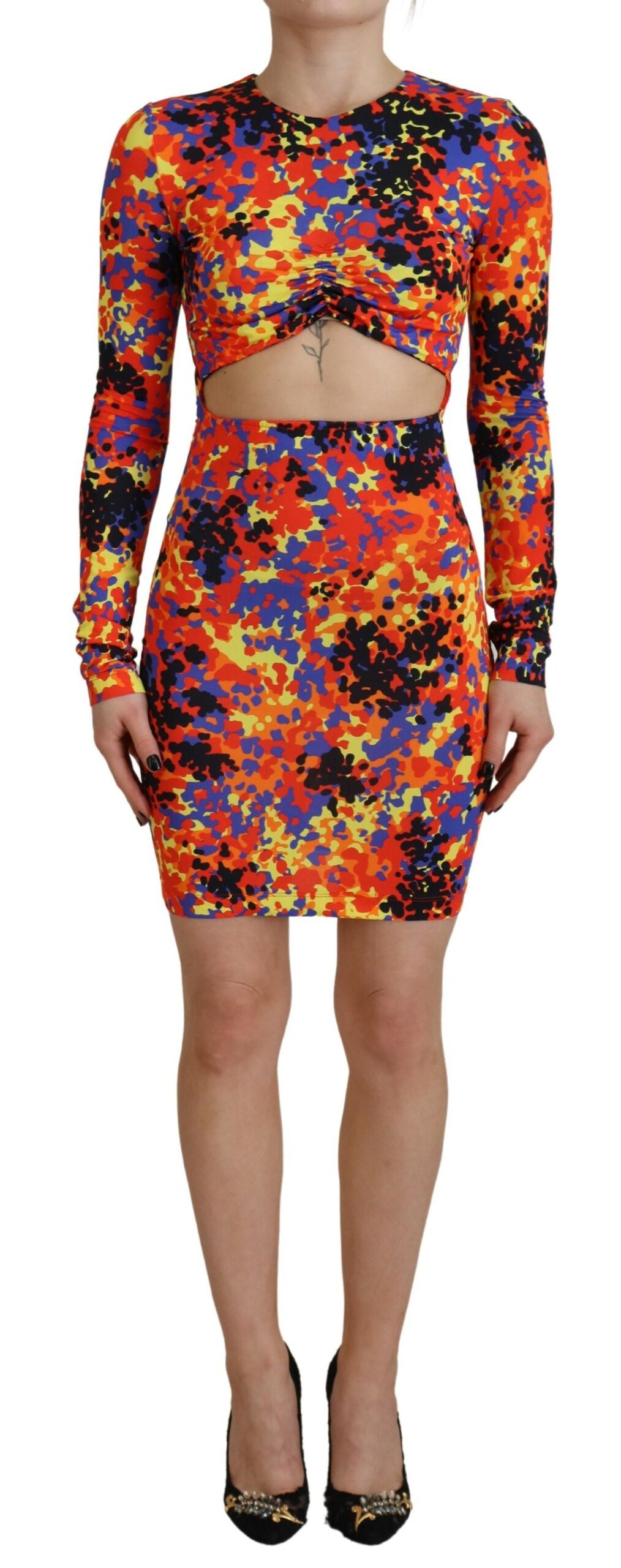 - Multicolor Batik Open Belly Long Sleeves Dress