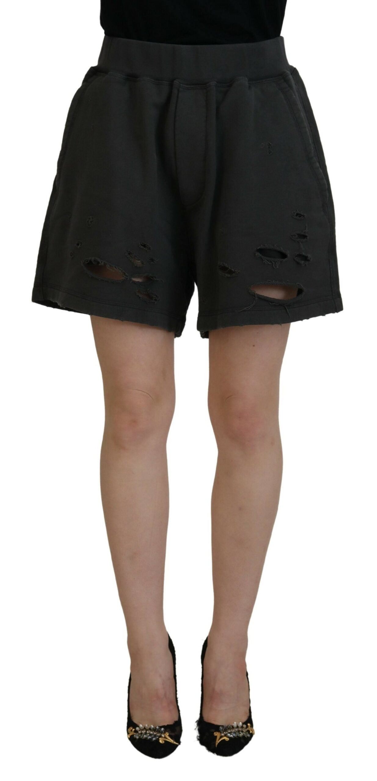 - Black Cotton Mid Waist Tattered Tapered Shorts
