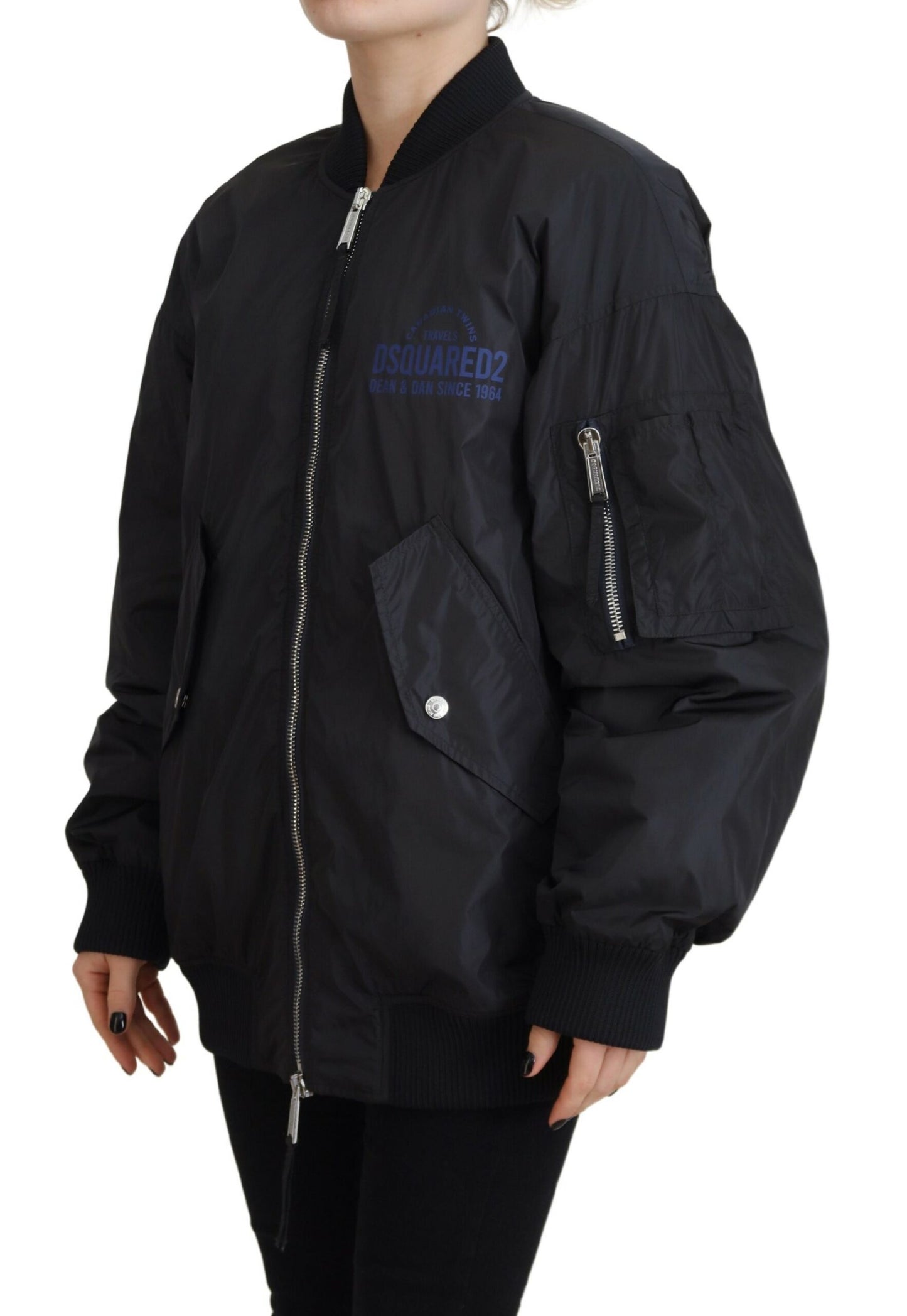 - Black Logo Print Full Zip Women Bomber Jacket