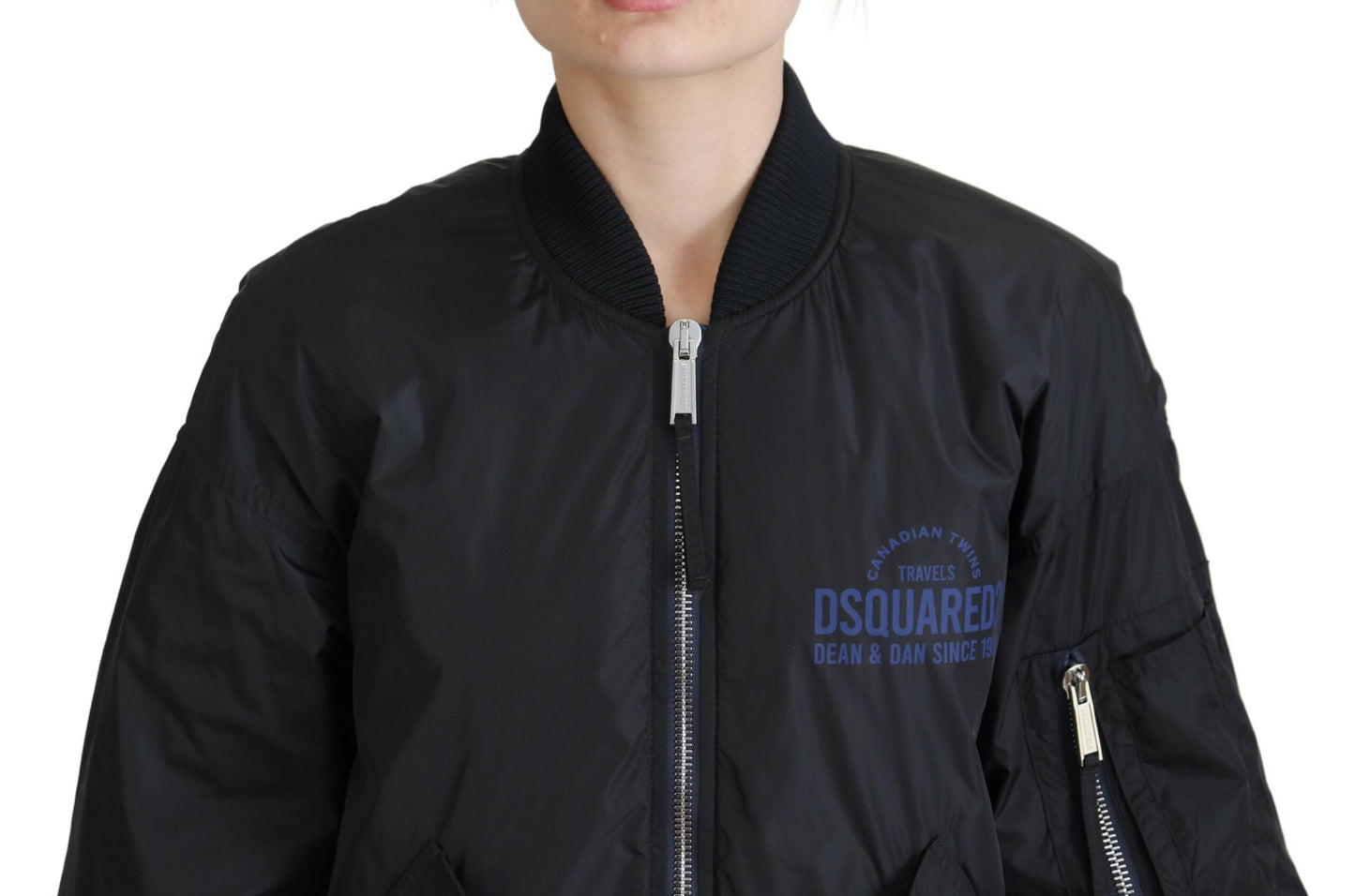 - Black Logo Print Full Zip Women Bomber Jacket