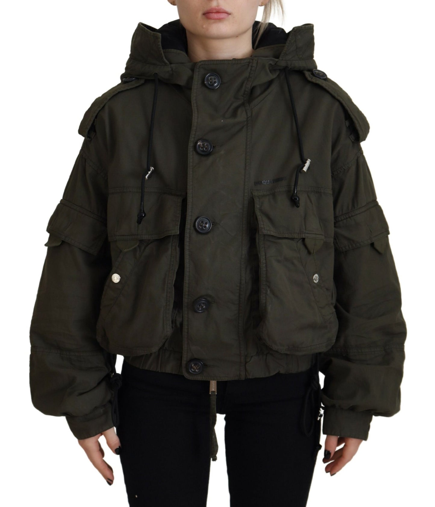 - Green Cotton Hooded Cargo Button Jacket