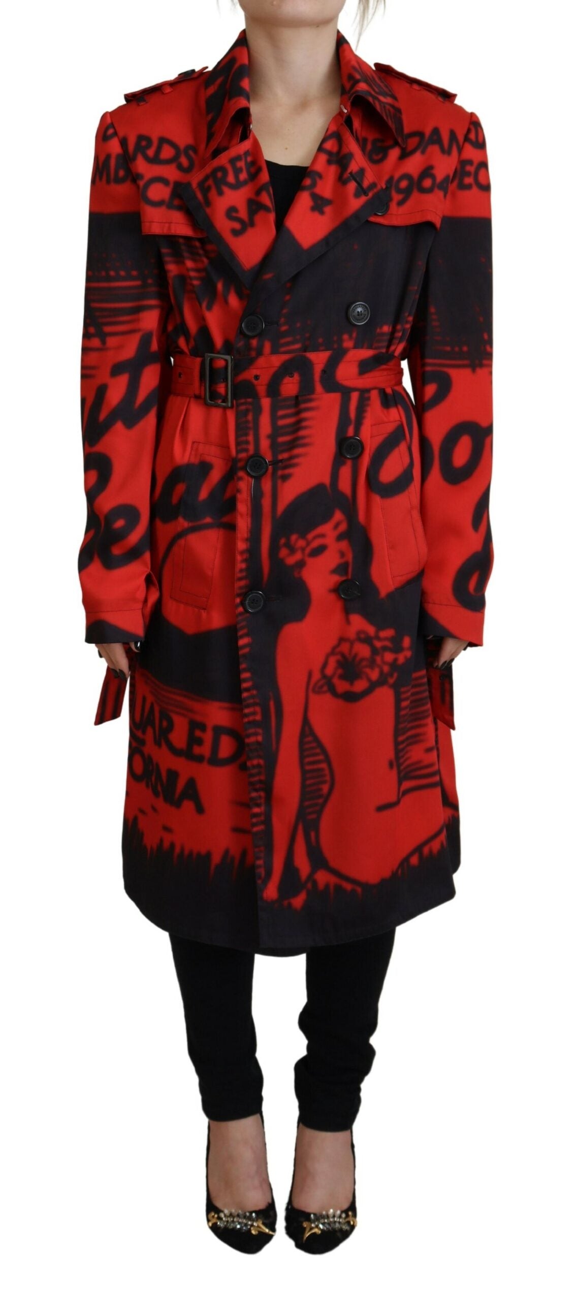 - Red Printed Button Collared Desigual Coat Jacket