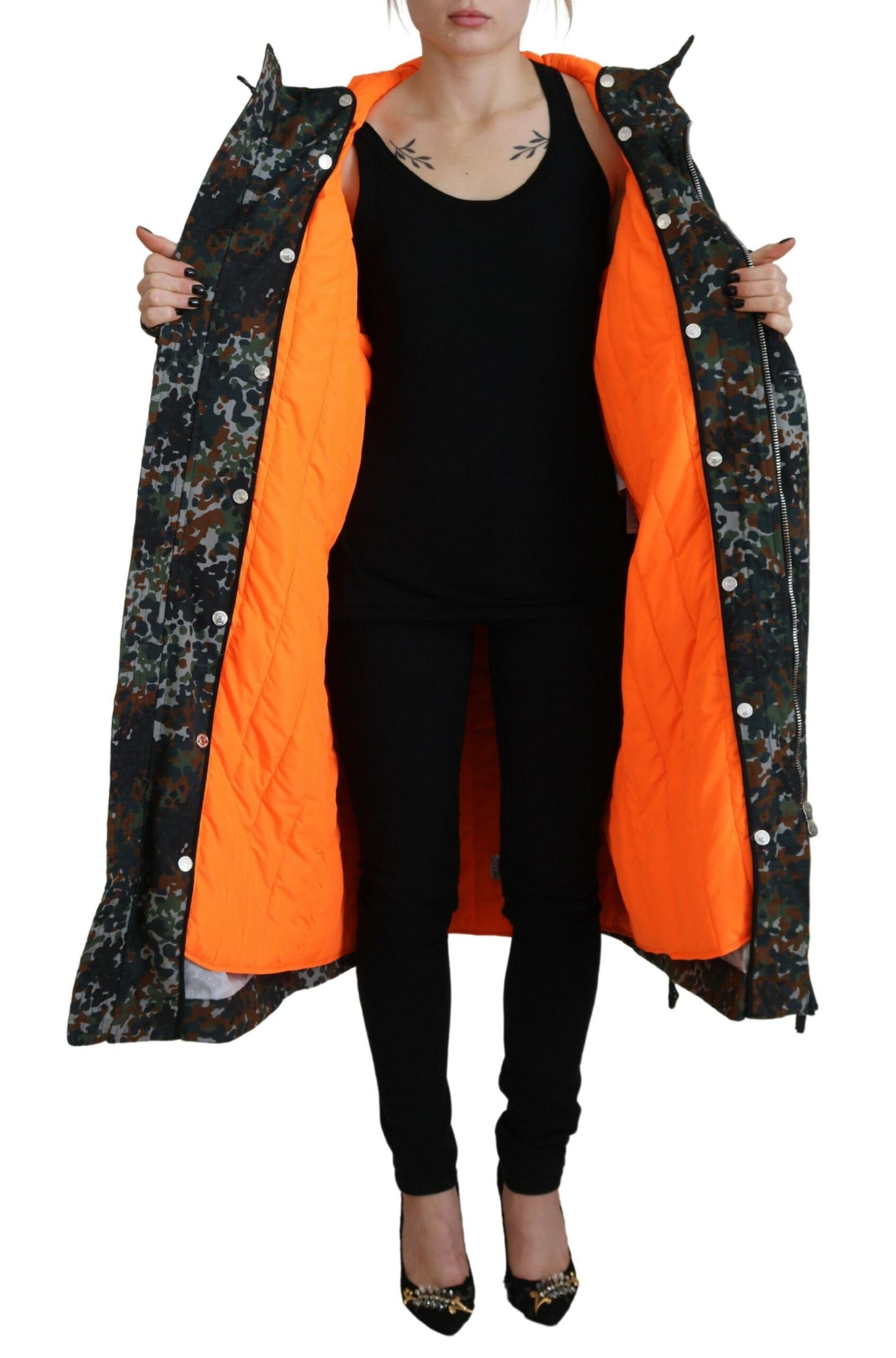 - Green Hooded Goth Camouflage Print Parka Coat Jacket