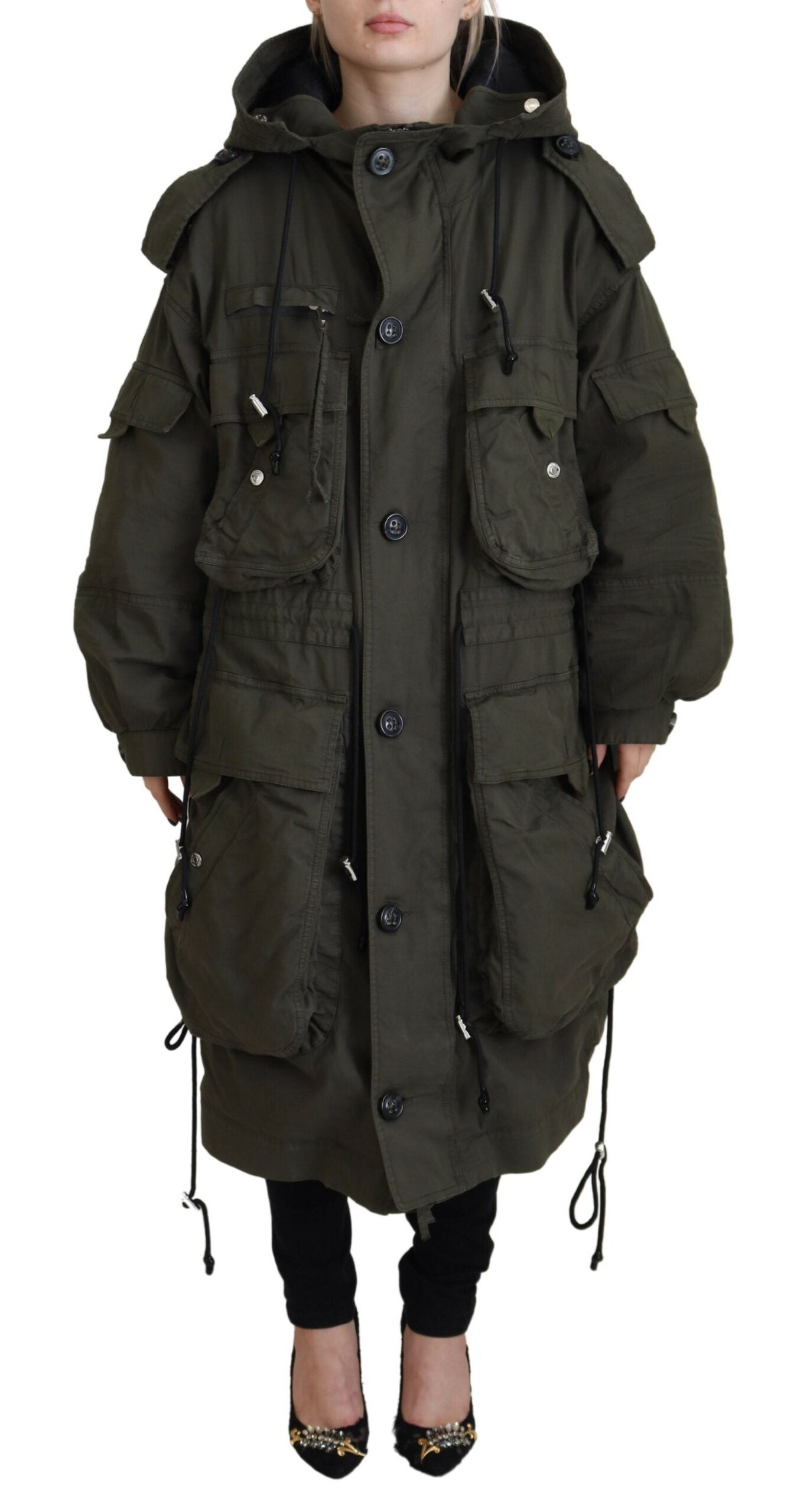 - Green Hooded Full Zip Long Parka Coat Jacket