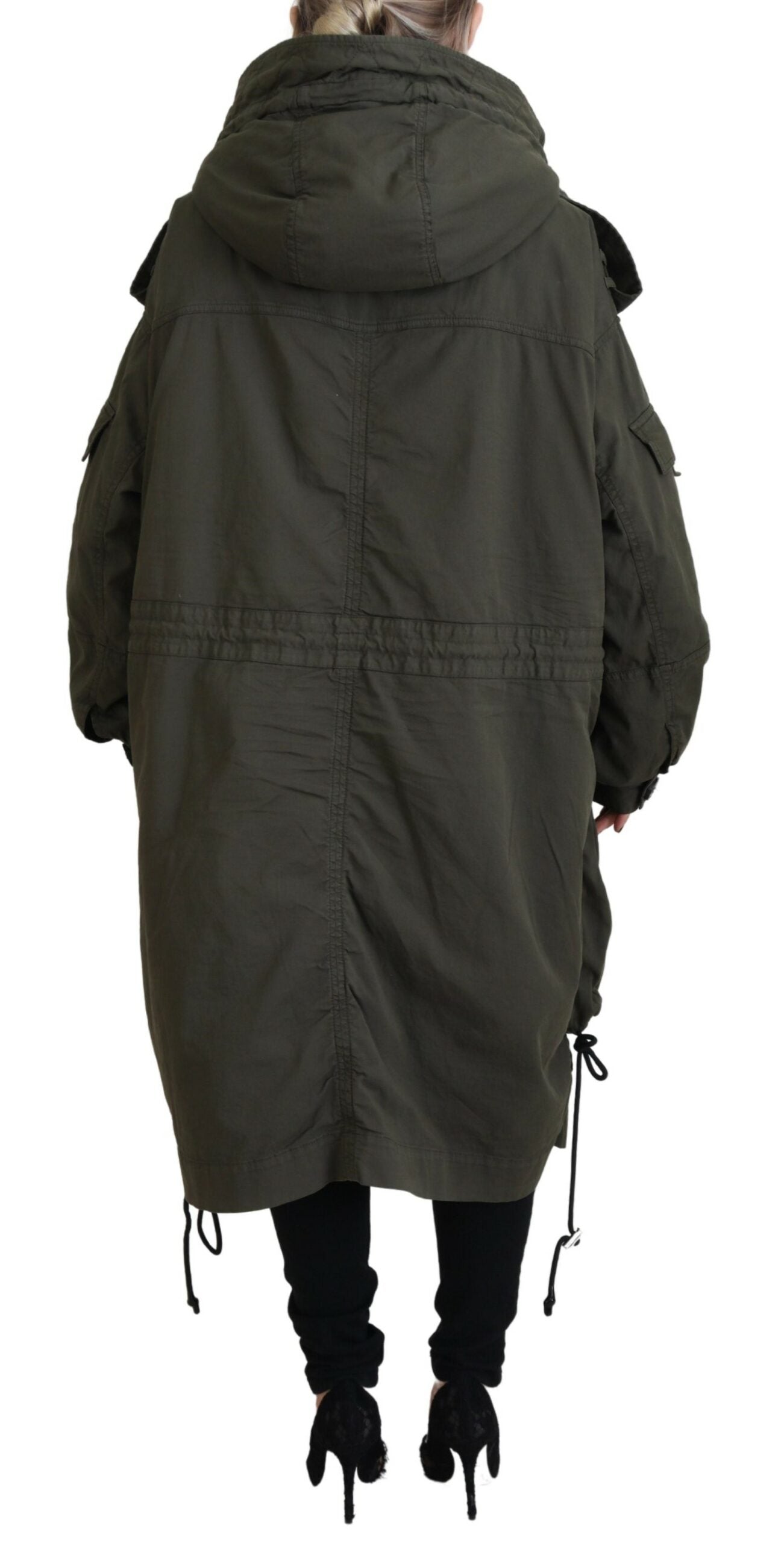 - Green Hooded Full Zip Long Parka Coat Jacket