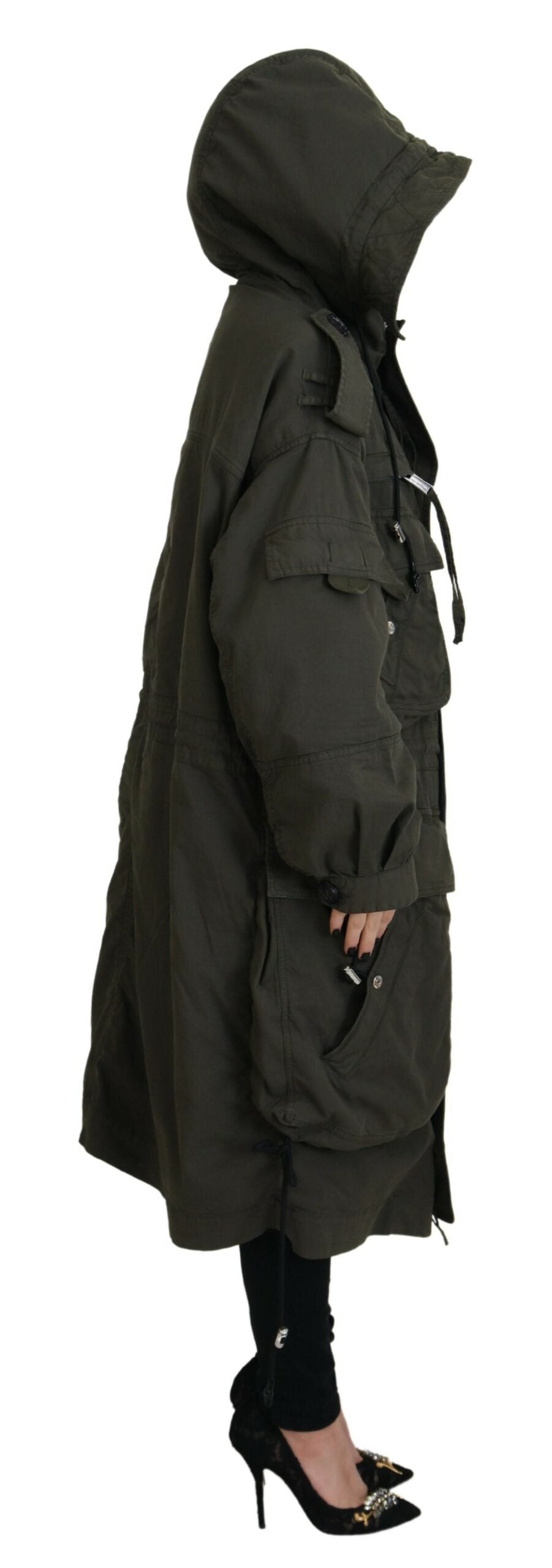 - Green Hooded Full Zip Long Parka Coat Jacket