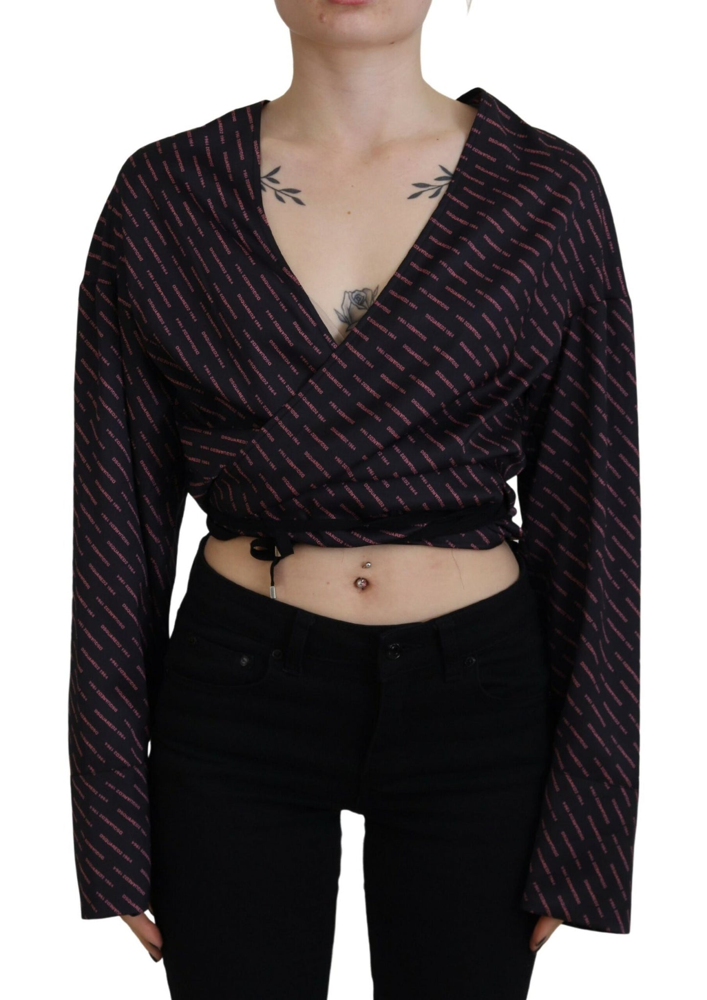 - Black Polyester Cropped Logo Printed Blouse Top