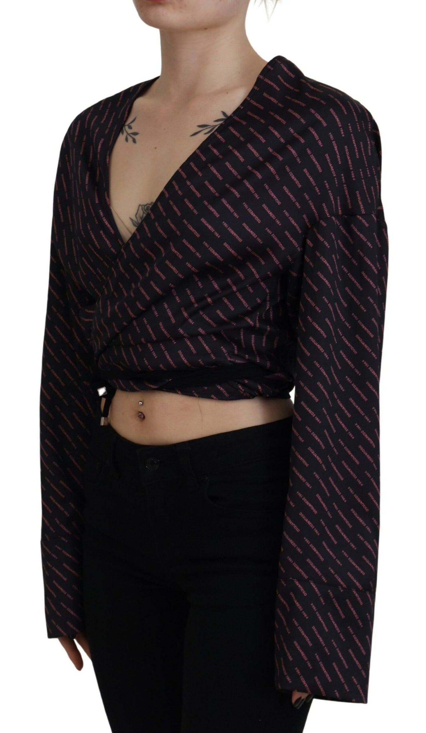 - Black Polyester Cropped Logo Printed Blouse Top