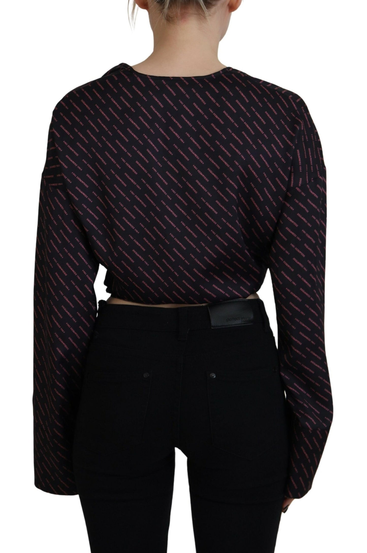 - Black Polyester Cropped Logo Printed Blouse Top
